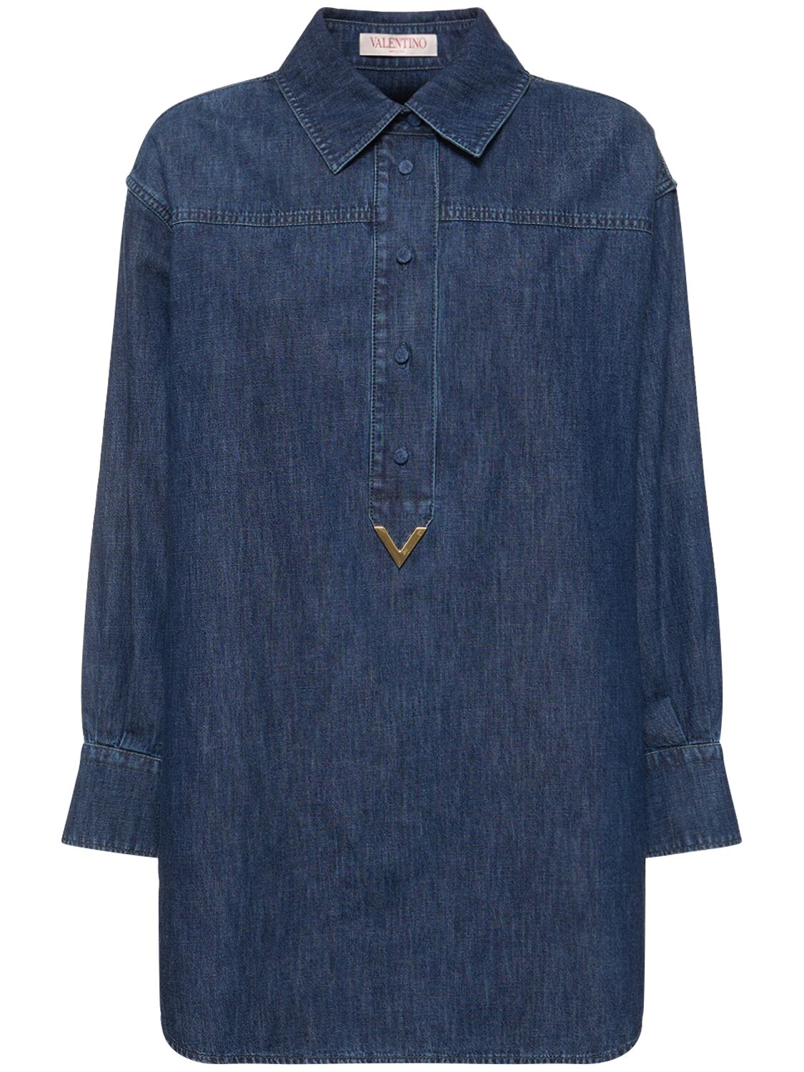 Shop Valentino Denim Cotton Shirt Mini Dress In Dark Blue