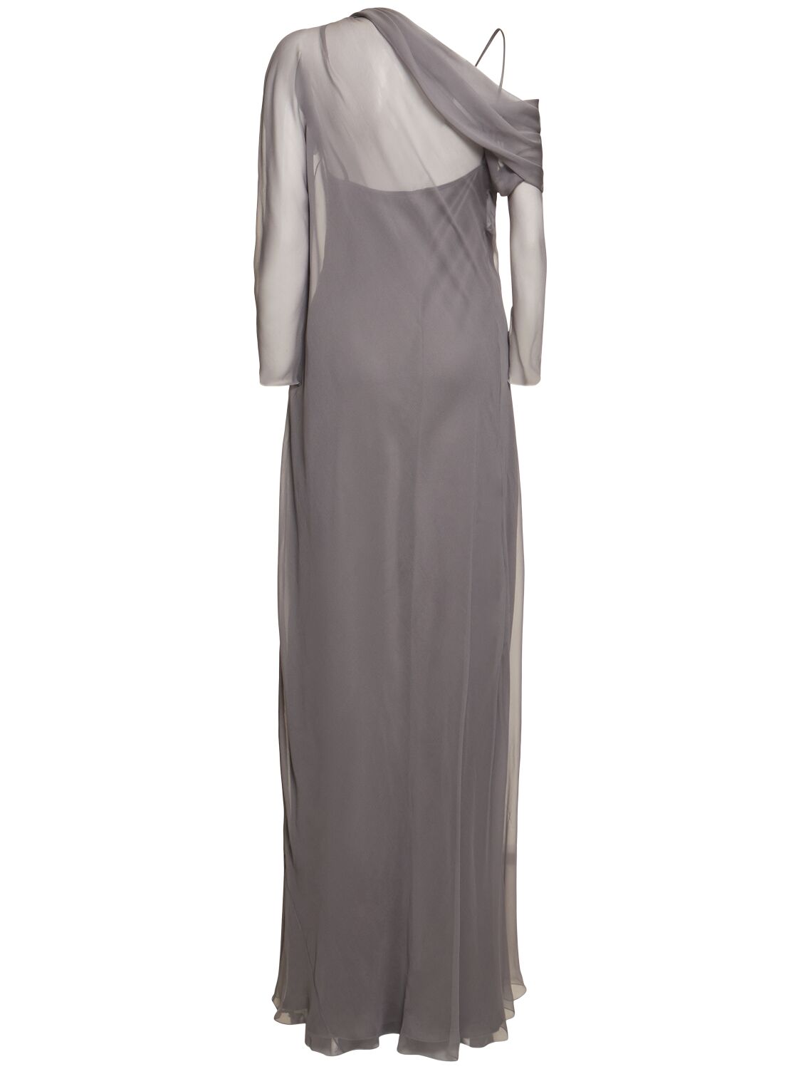 Shop Alberta Ferretti Draped Chiffon & Satin Long Sleeve Dress In 灰色