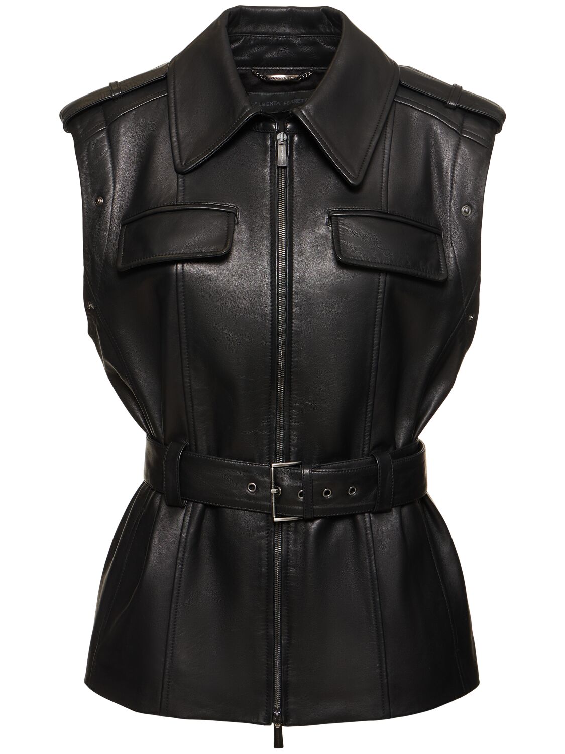 Shop Alberta Ferretti Belted Leather Jacket In 黑色