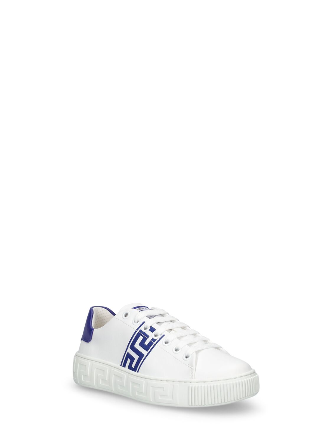 Shop Versace La Greca Leather & Fabric Sneakers In White,blue