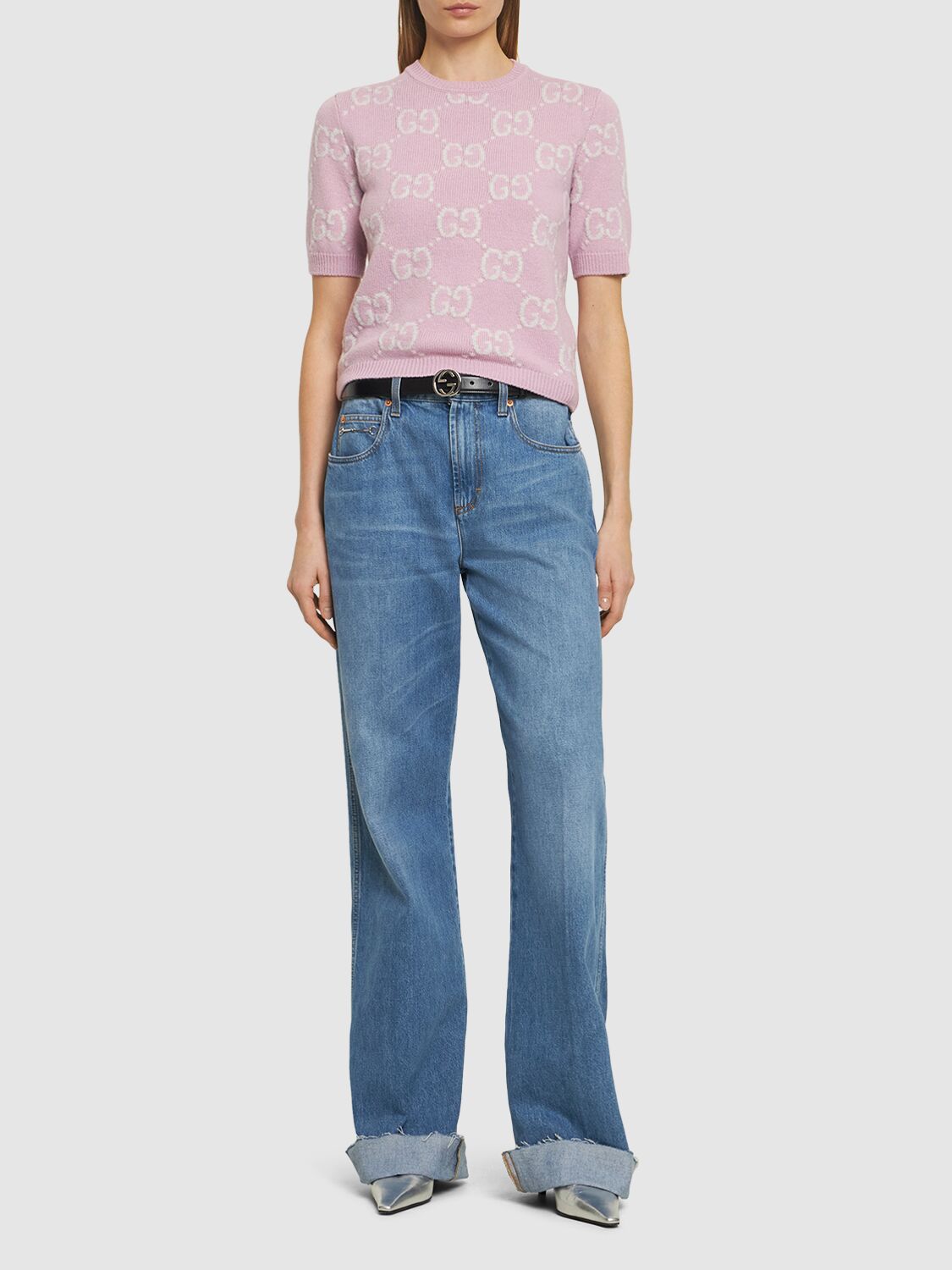 Shop Gucci Gg Knit Wool Top In Faded Rose