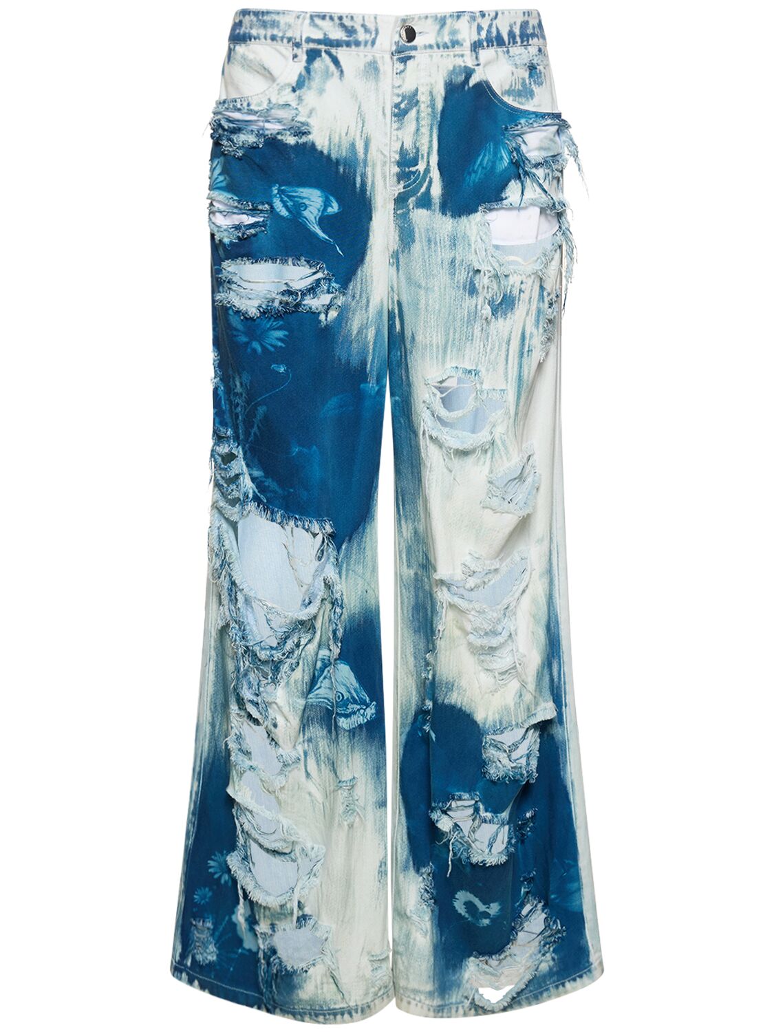Mithridate Printed Distressed Wide Leg Jeans In Blue