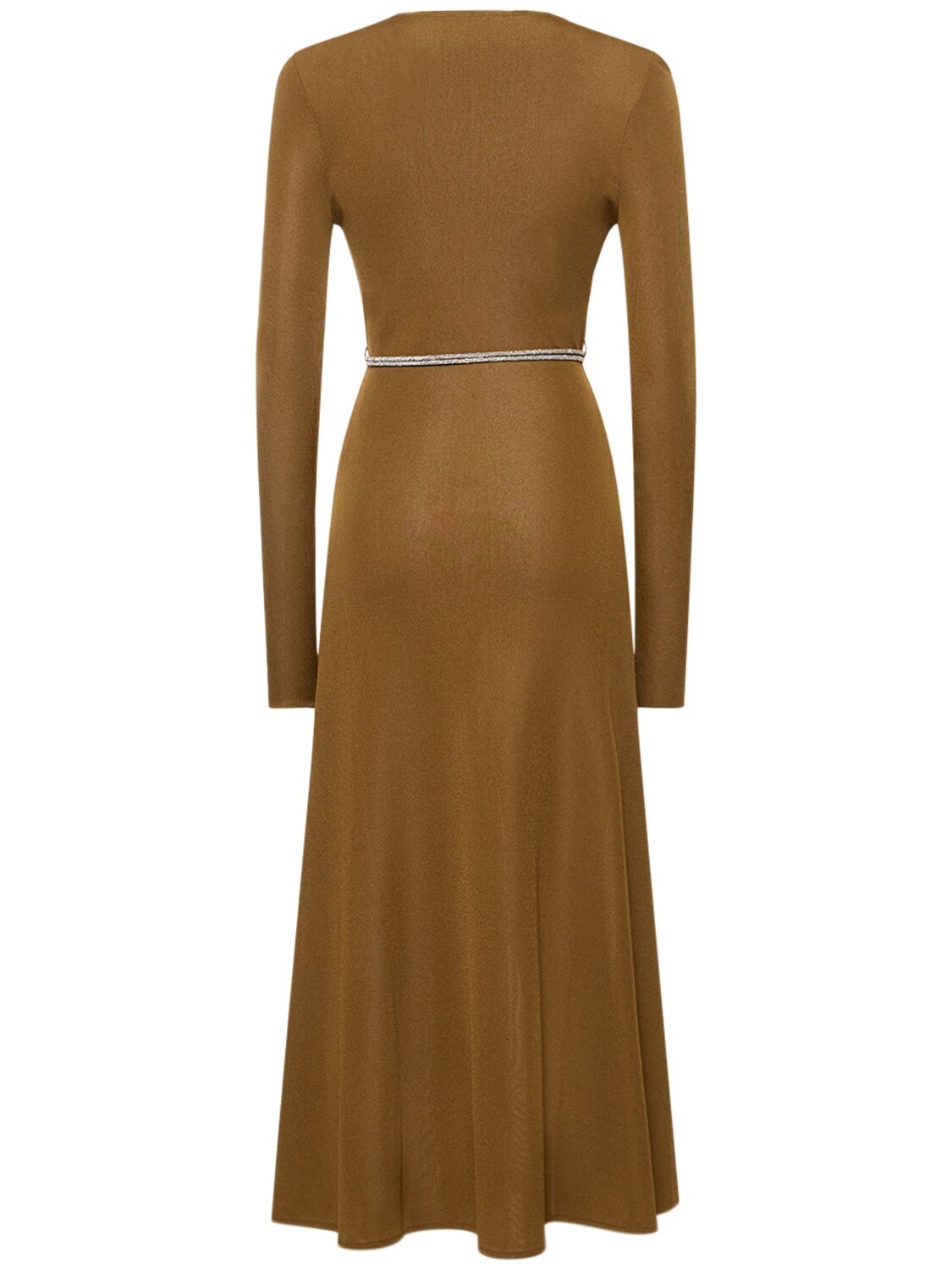 Shop Alexandre Vauthier Viscose Knit Dress W/ Embellished Belt In Brown