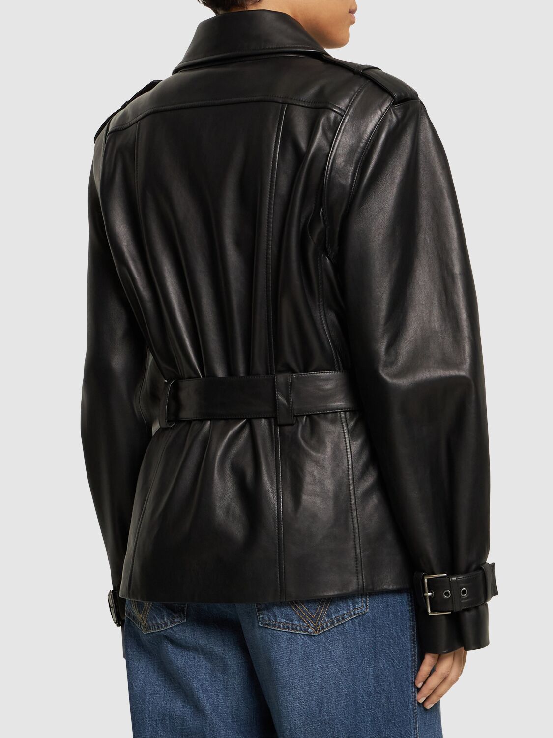 Shop Alberta Ferretti Belted Leather Jacket In 黑色