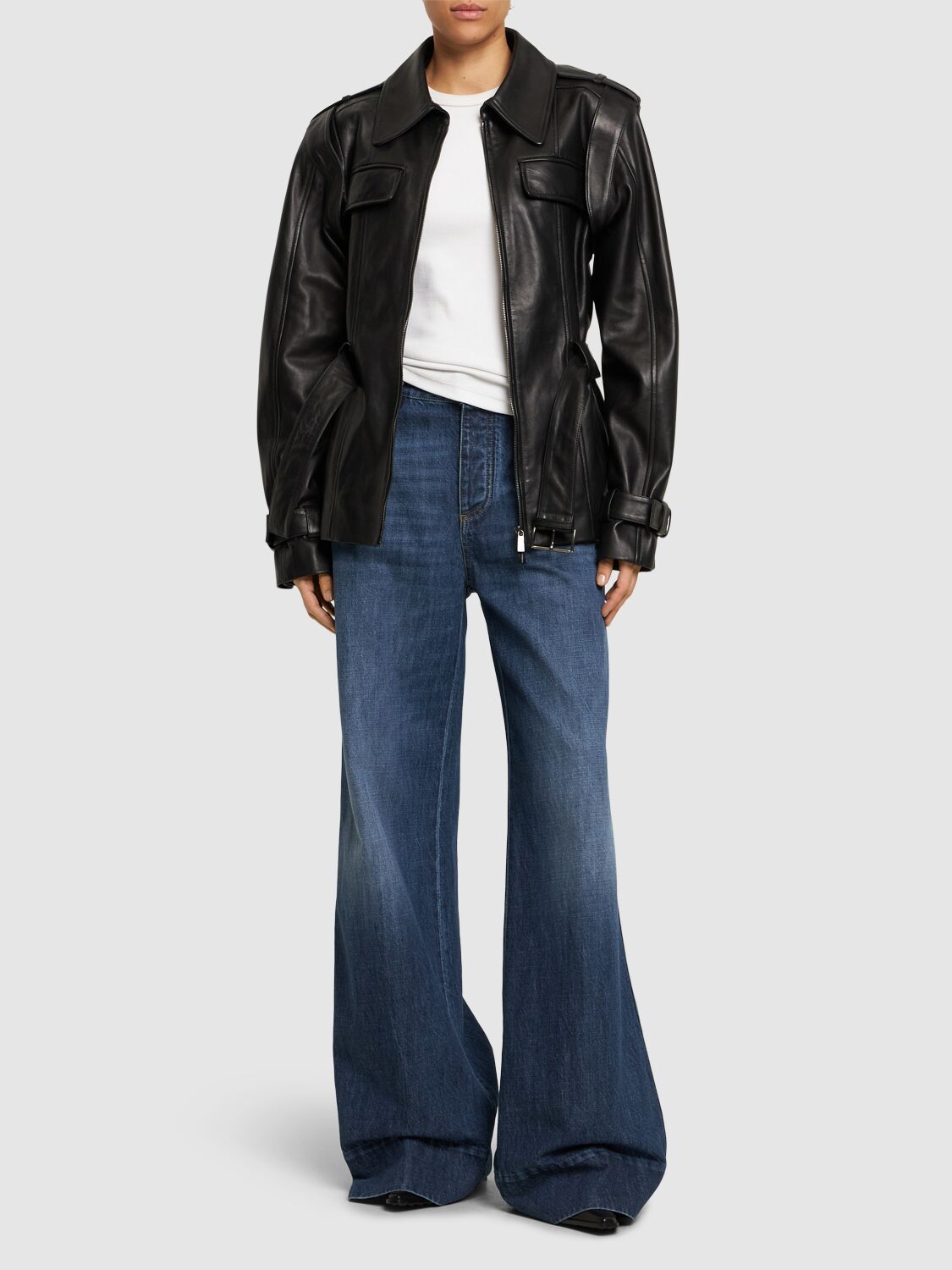 Shop Alberta Ferretti Belted Leather Jacket In 黑色