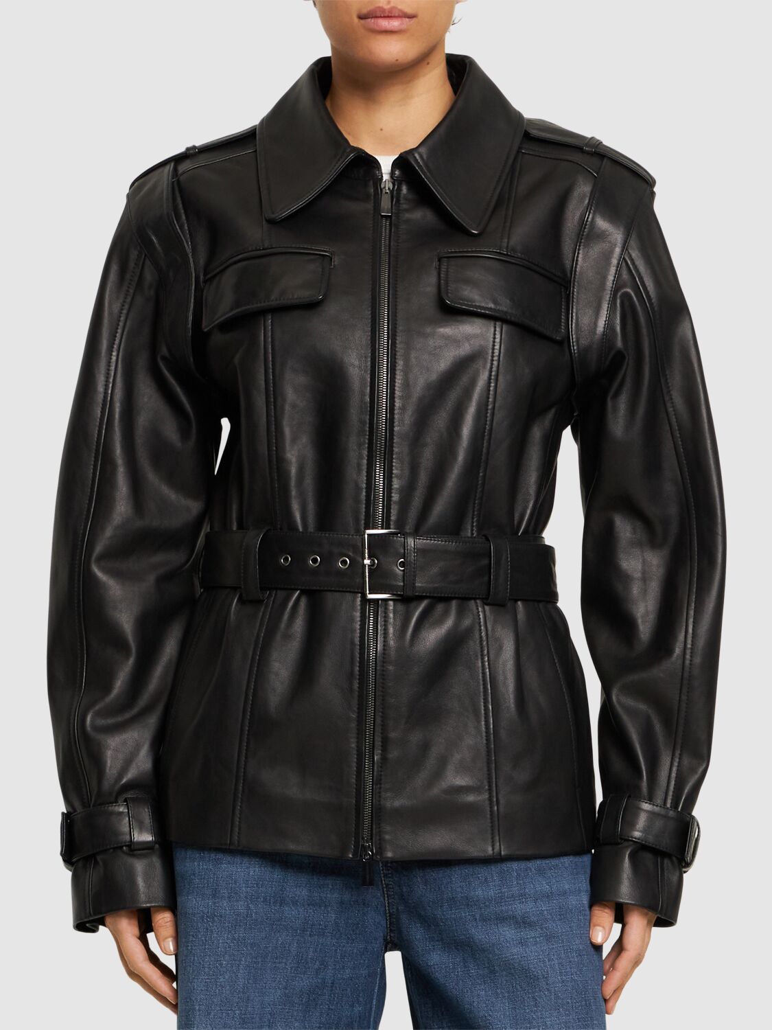 Shop Alberta Ferretti Belted Leather Jacket In 黑色