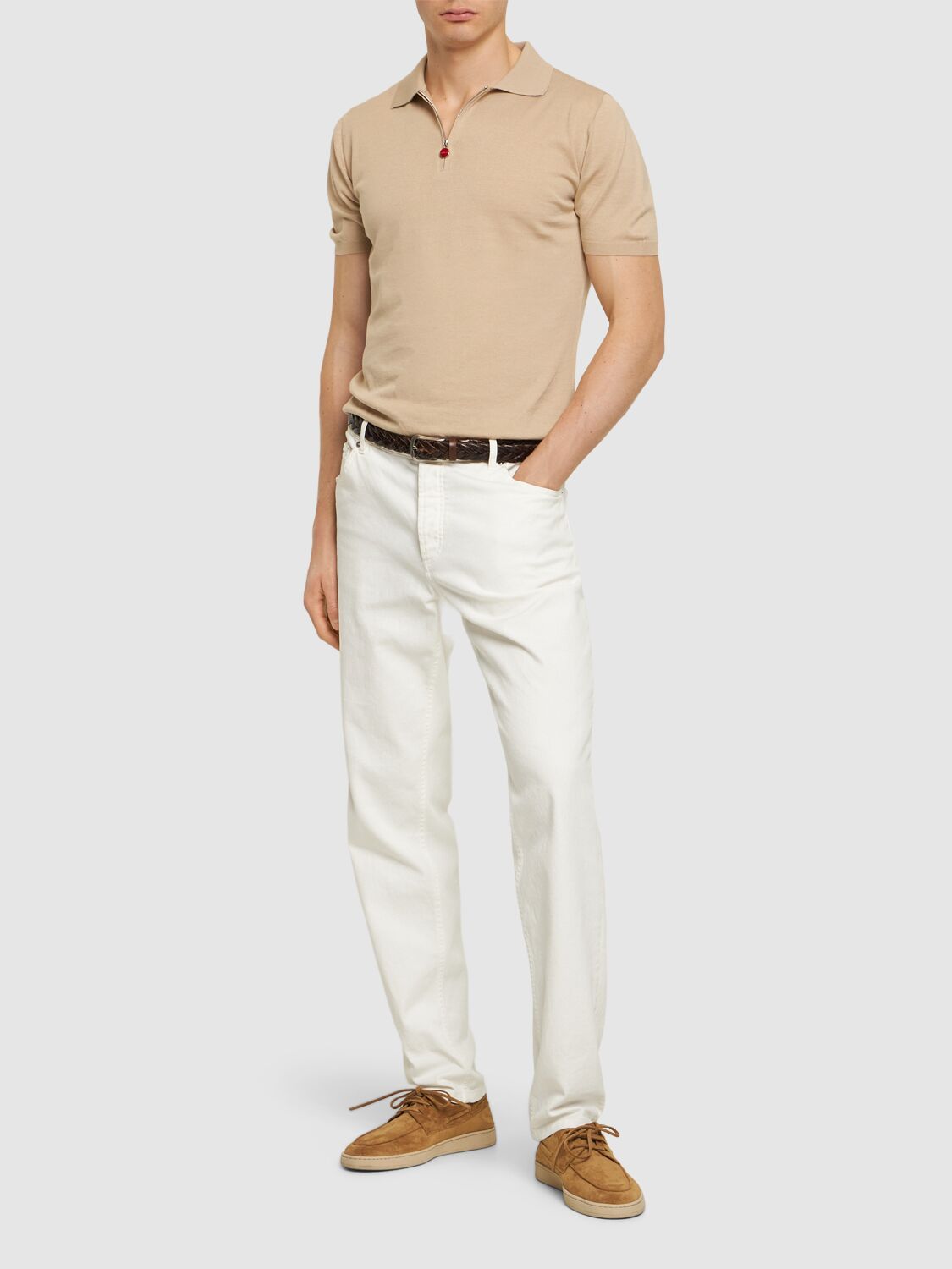 Shop Kiton Cotton Zipped Polo In Natural Beige