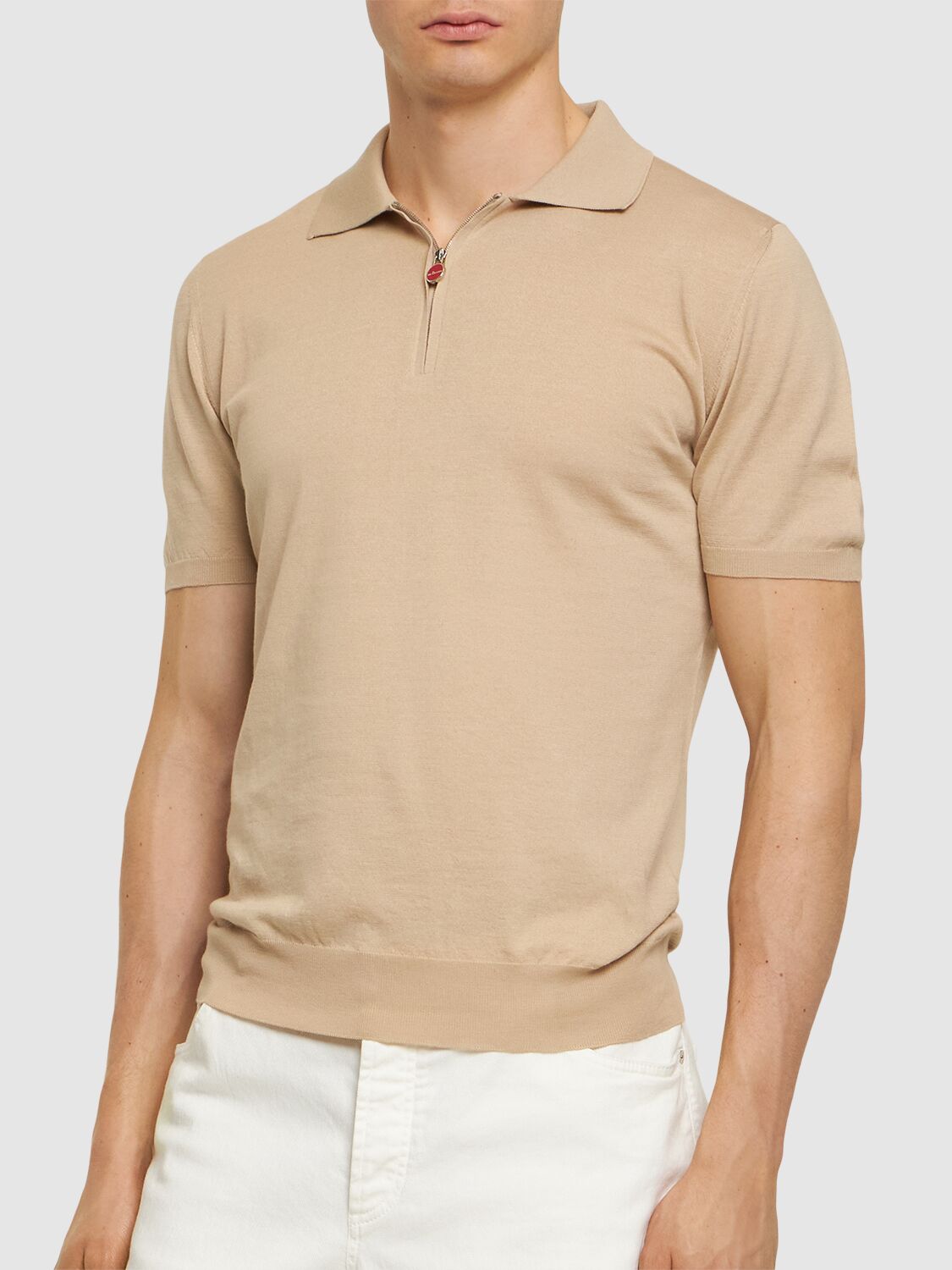Shop Kiton Cotton Zipped Polo In Natural Beige