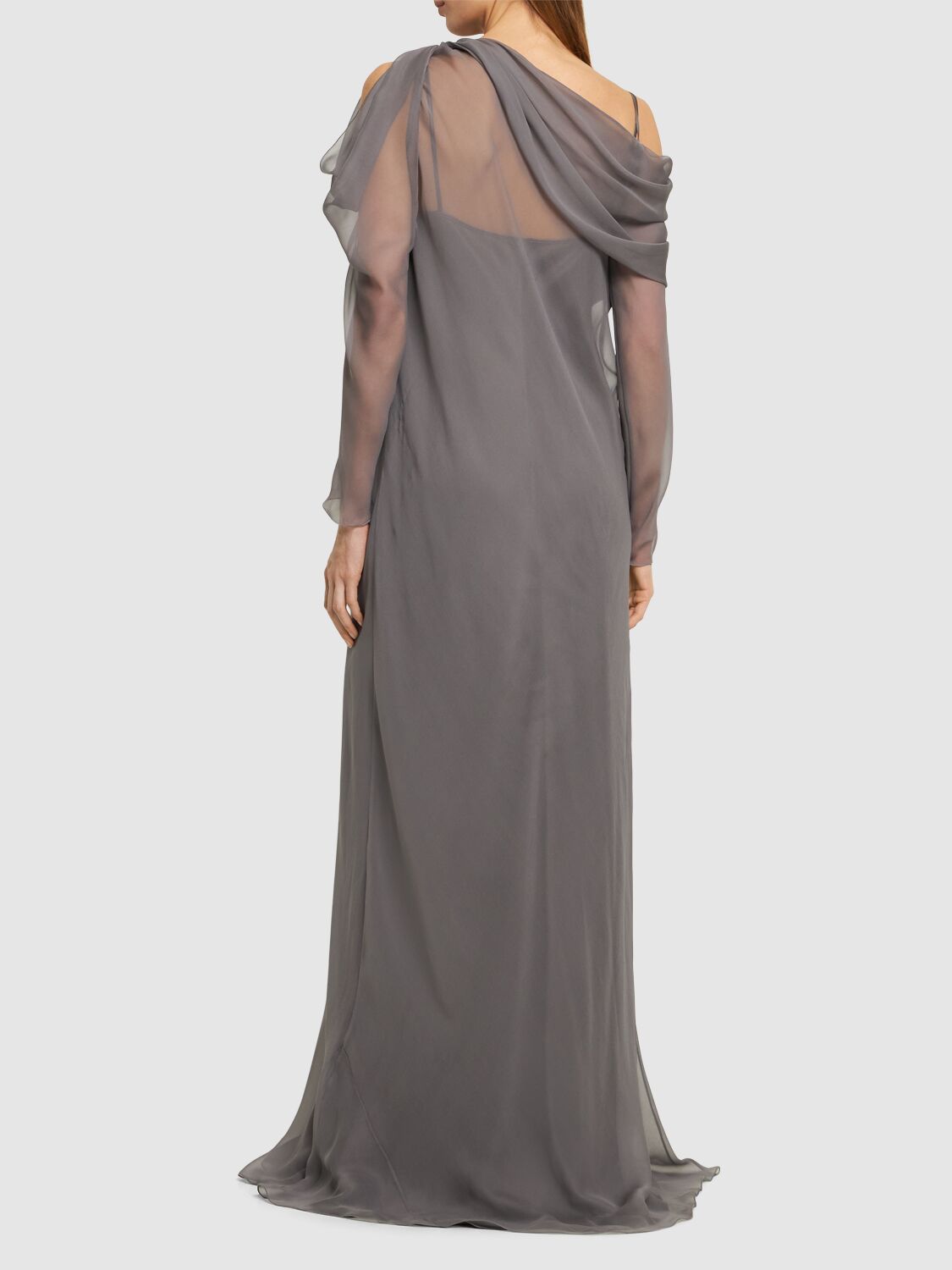 Shop Alberta Ferretti Draped Chiffon & Satin Long Sleeve Dress In 灰色