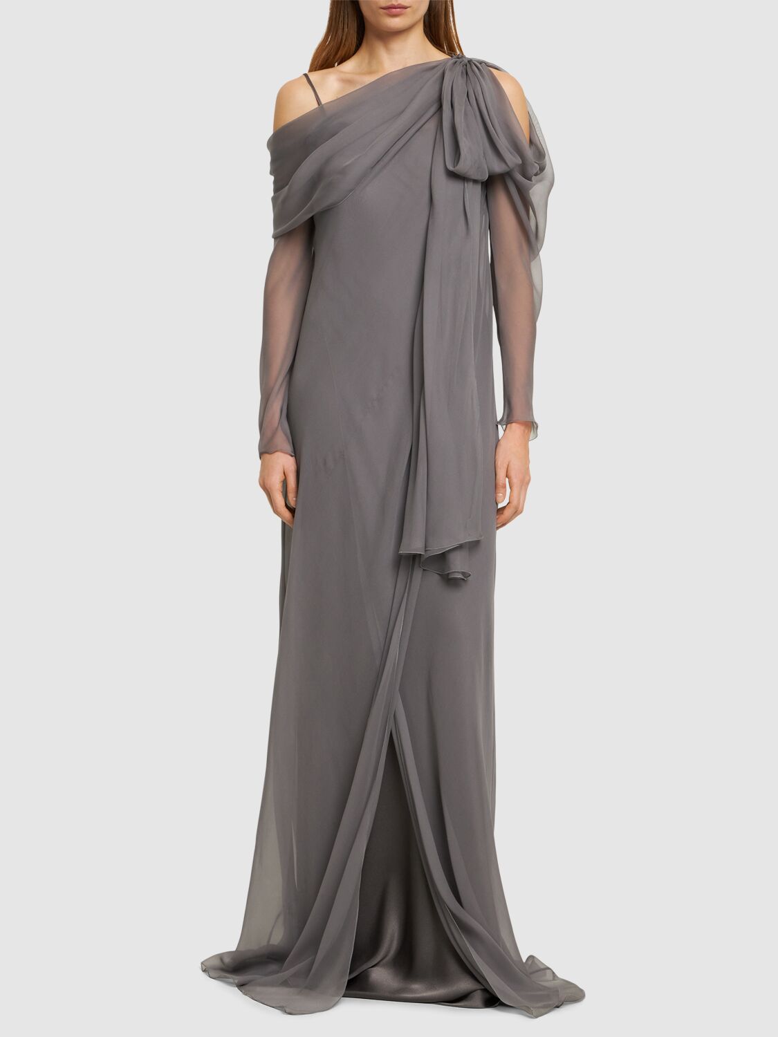 Shop Alberta Ferretti Draped Chiffon & Satin Long Sleeve Dress In 灰色