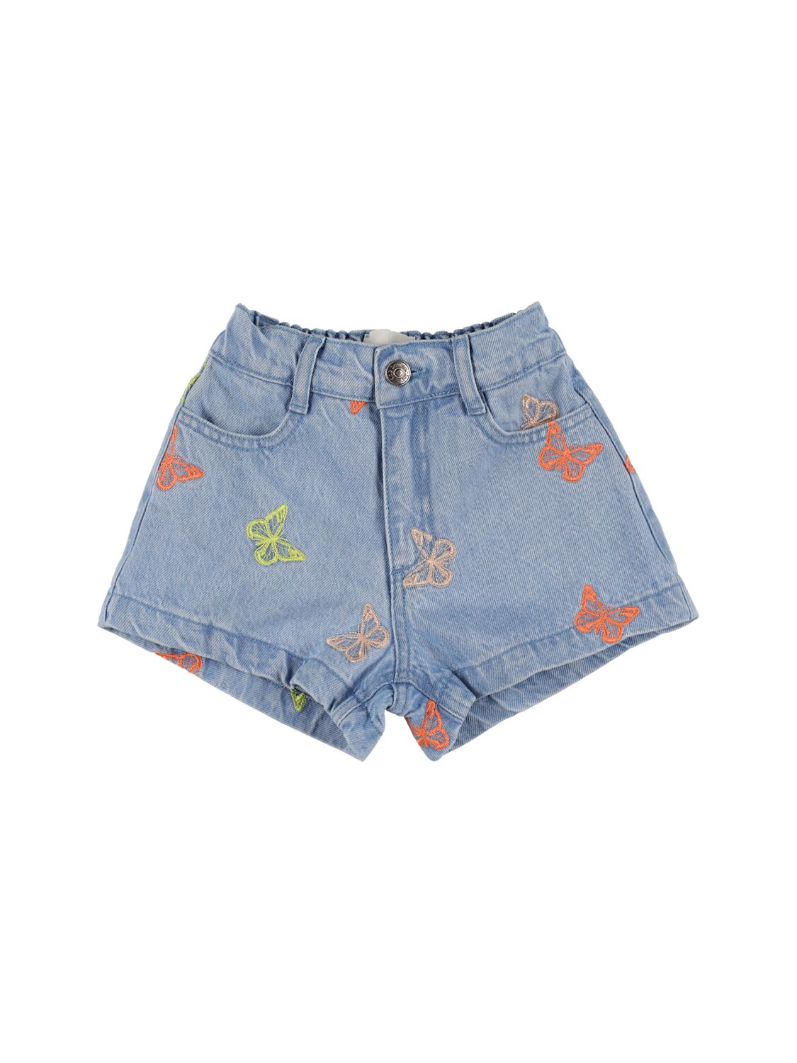 The New Society Kids' Embroidered Cotton Chambray Shorts In Denim,multi