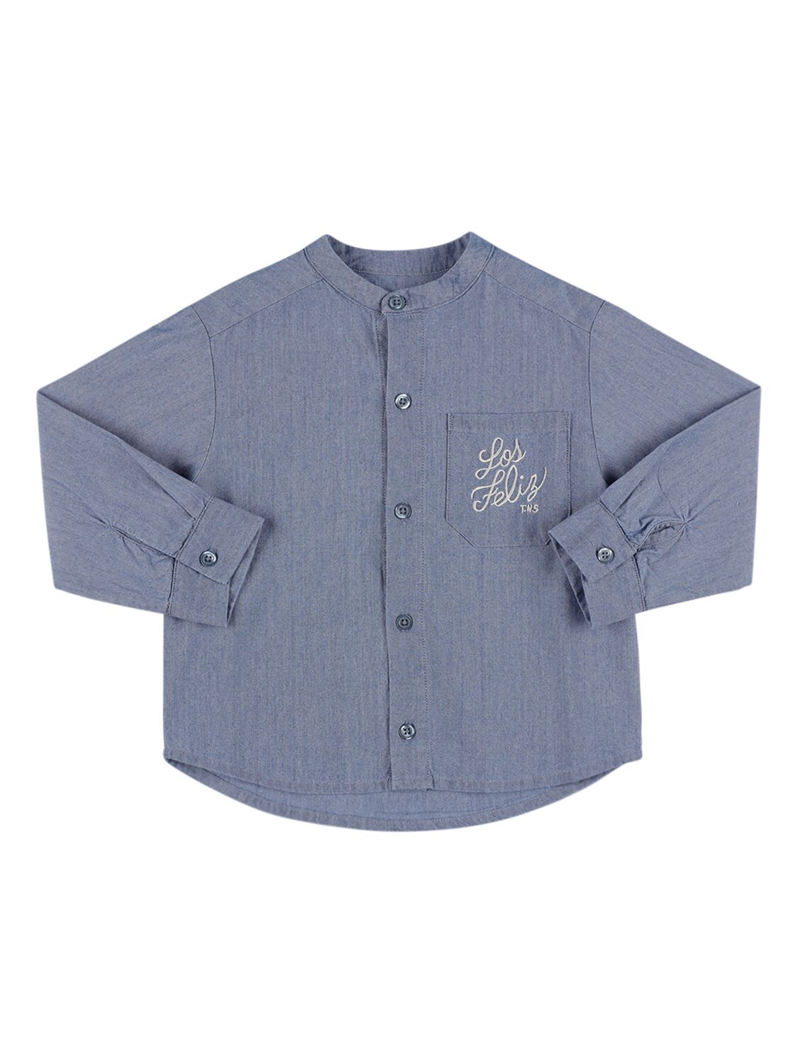 The New Society Kids' Cotton Chambray Shirt W/embroidery In Light Blue