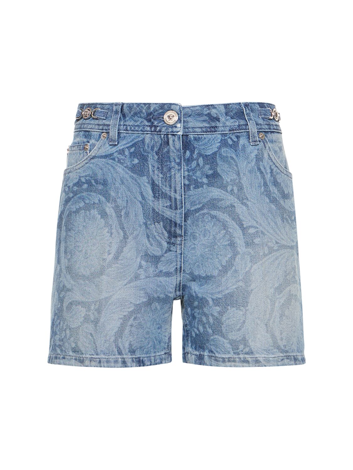Shop Versace Baroque Denim Shorts In Blue