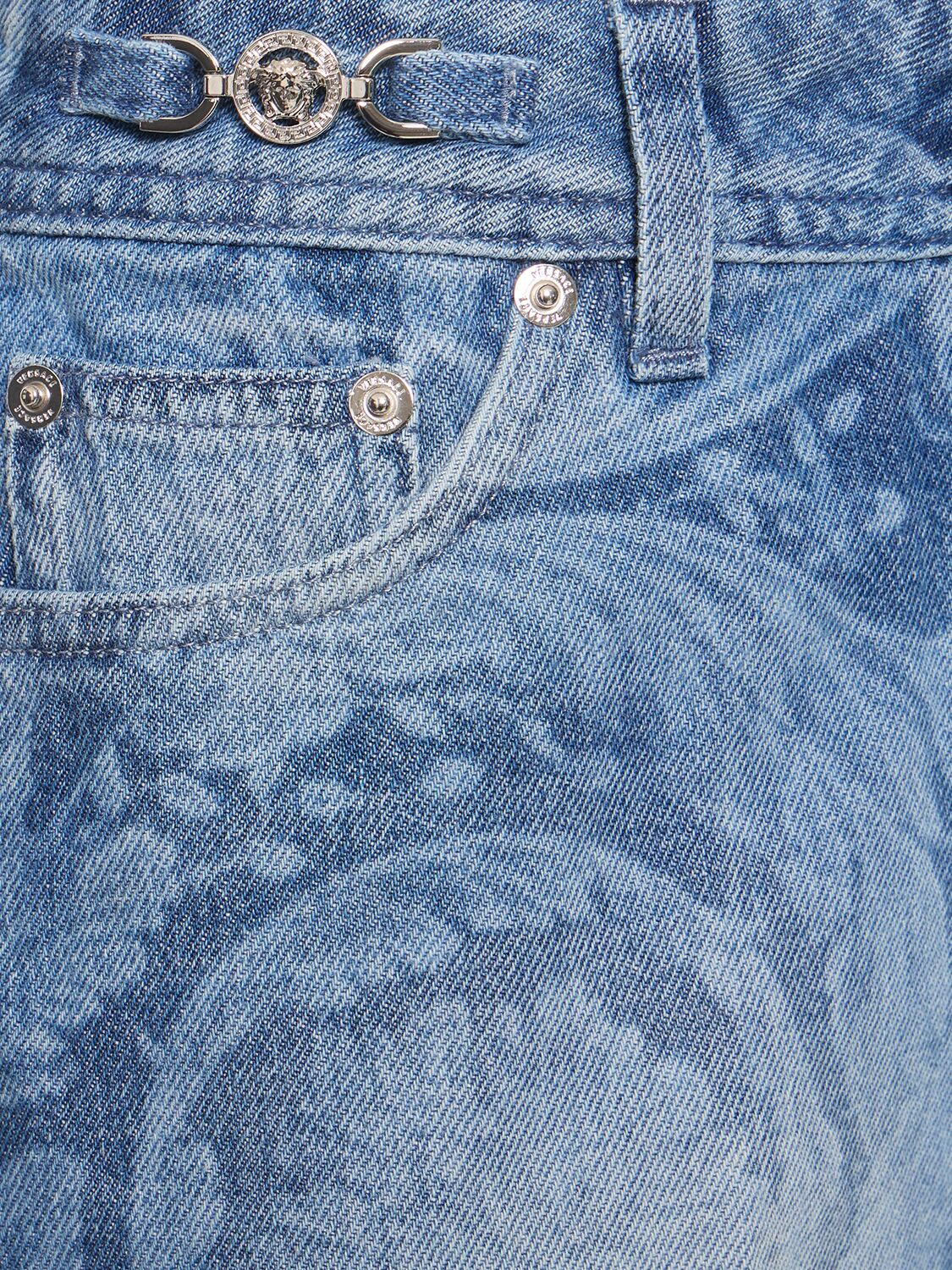 Shop Versace Baroque Denim Shorts In Blue