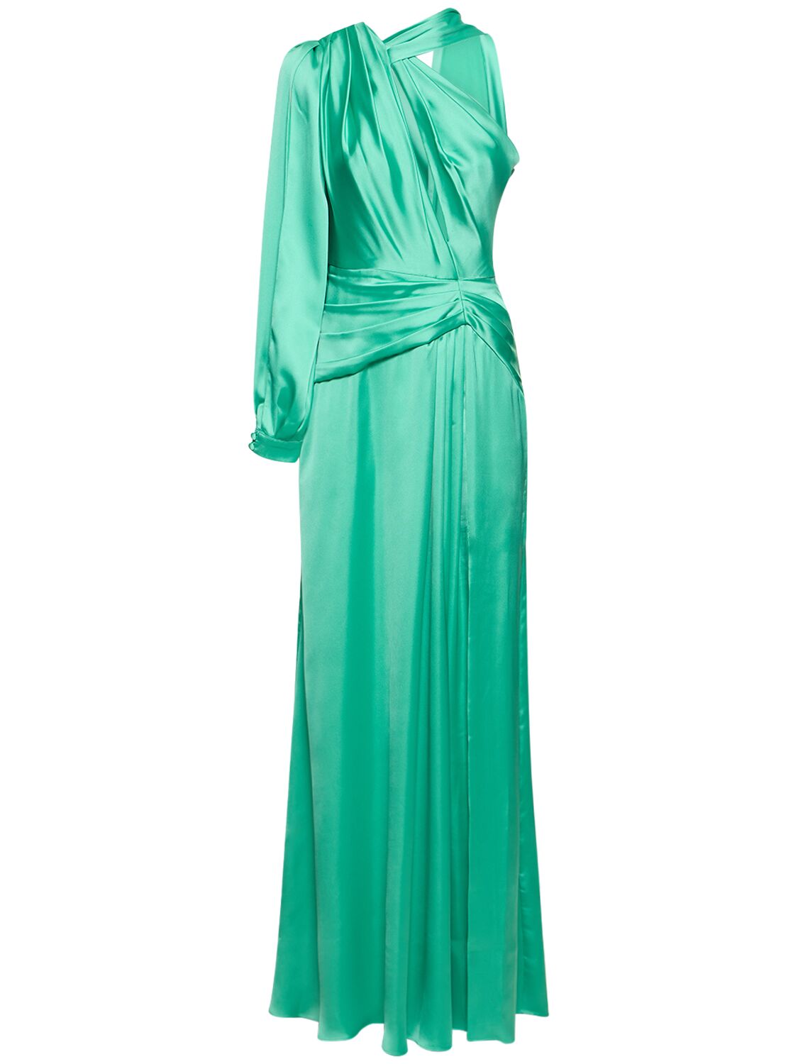 Zuhair Murad Draped Light Satin One-sleeve Long Dress In Green Water