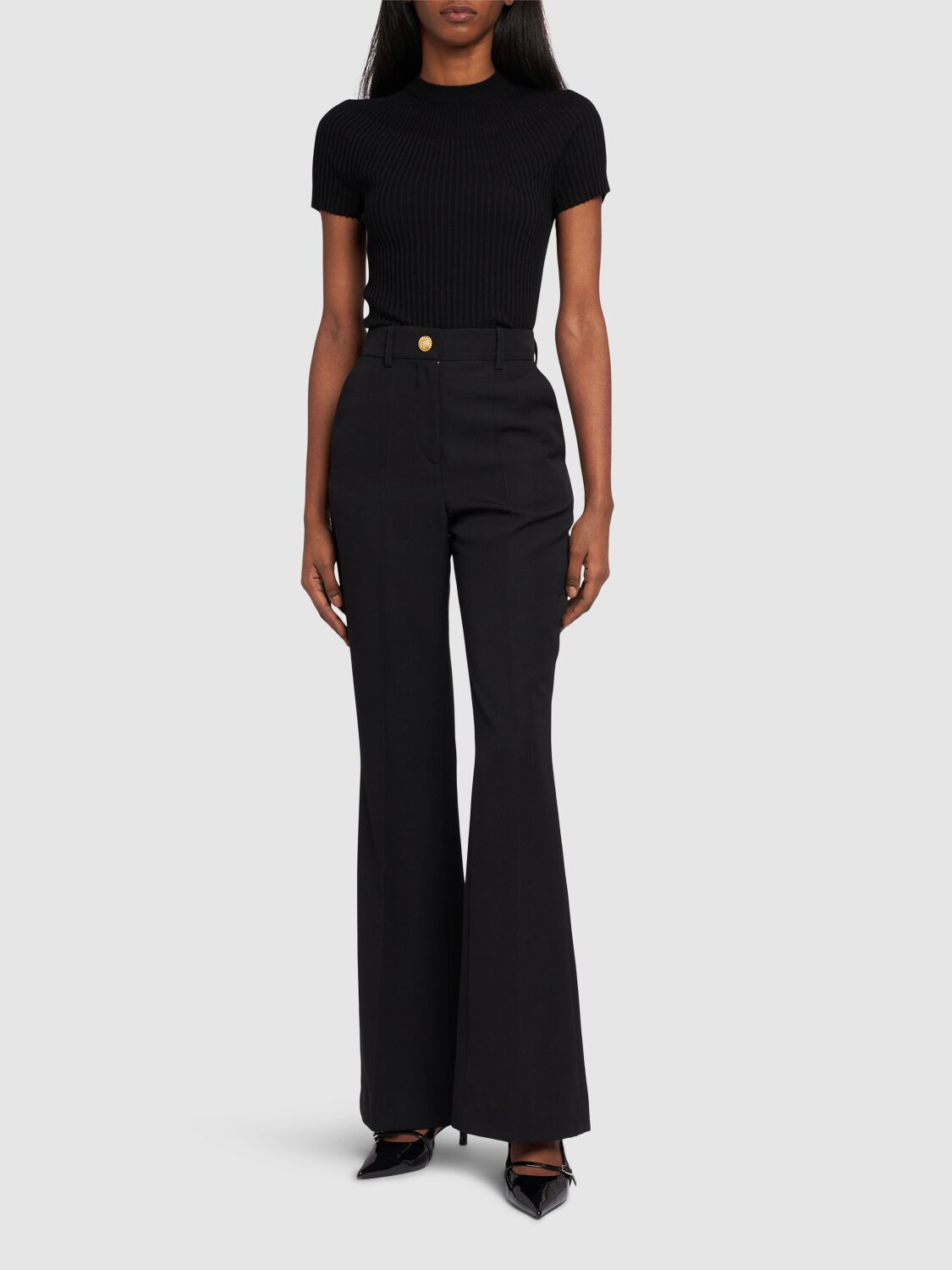 Shop Balmain Wool High Rise Flared Pants In Black