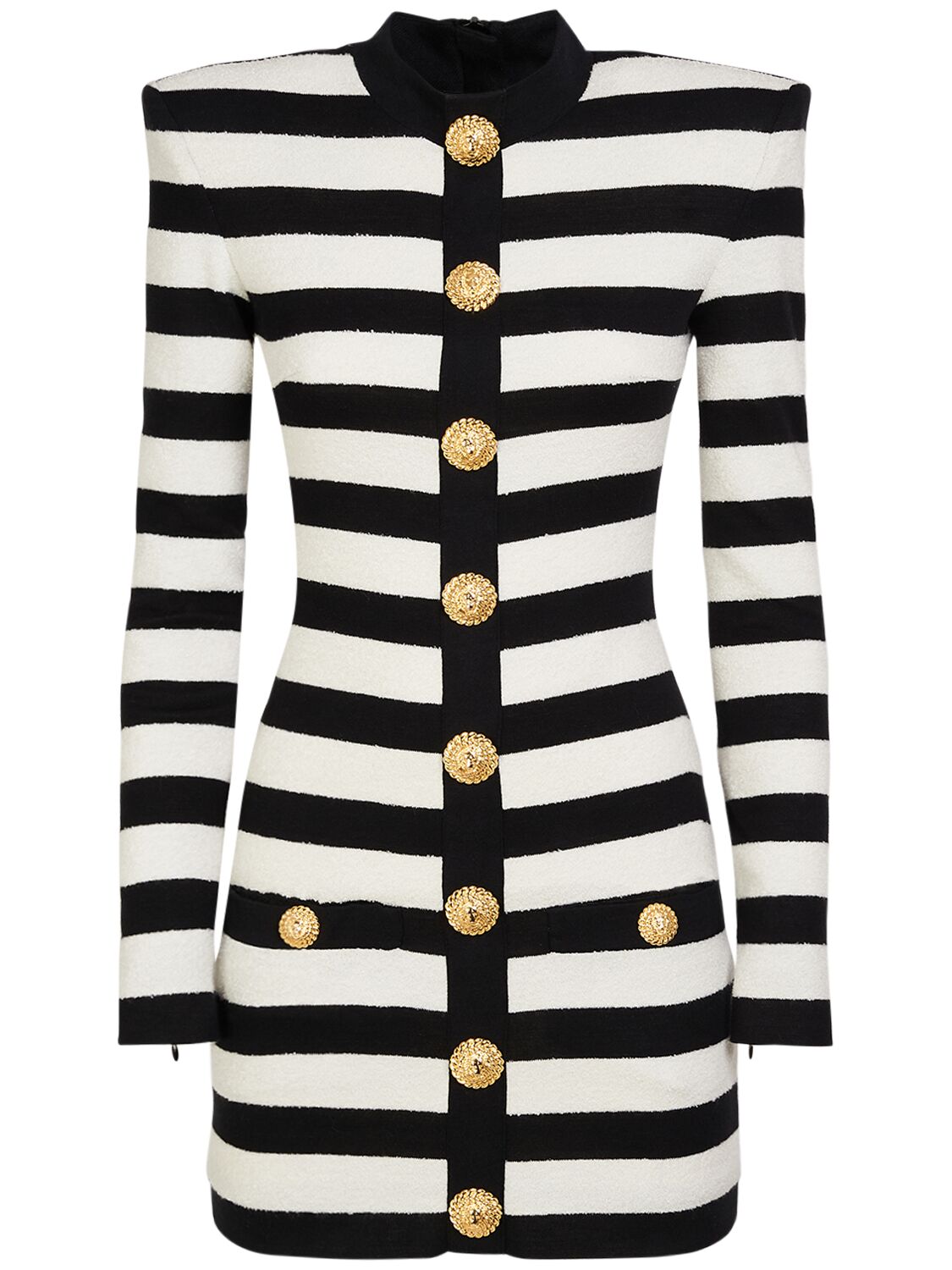 Balmain Striped Cotton Blend Jersey Mini Dress In Black,white