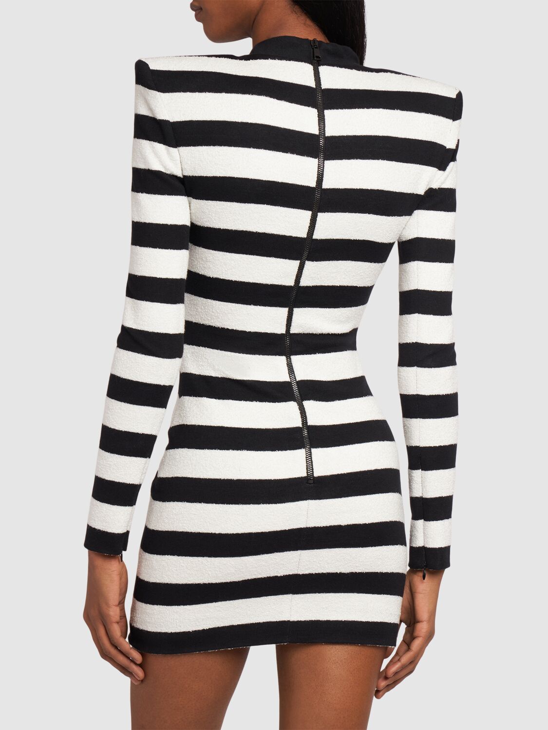 Shop Balmain Striped Cotton Blend Jersey Mini Dress In Black,white