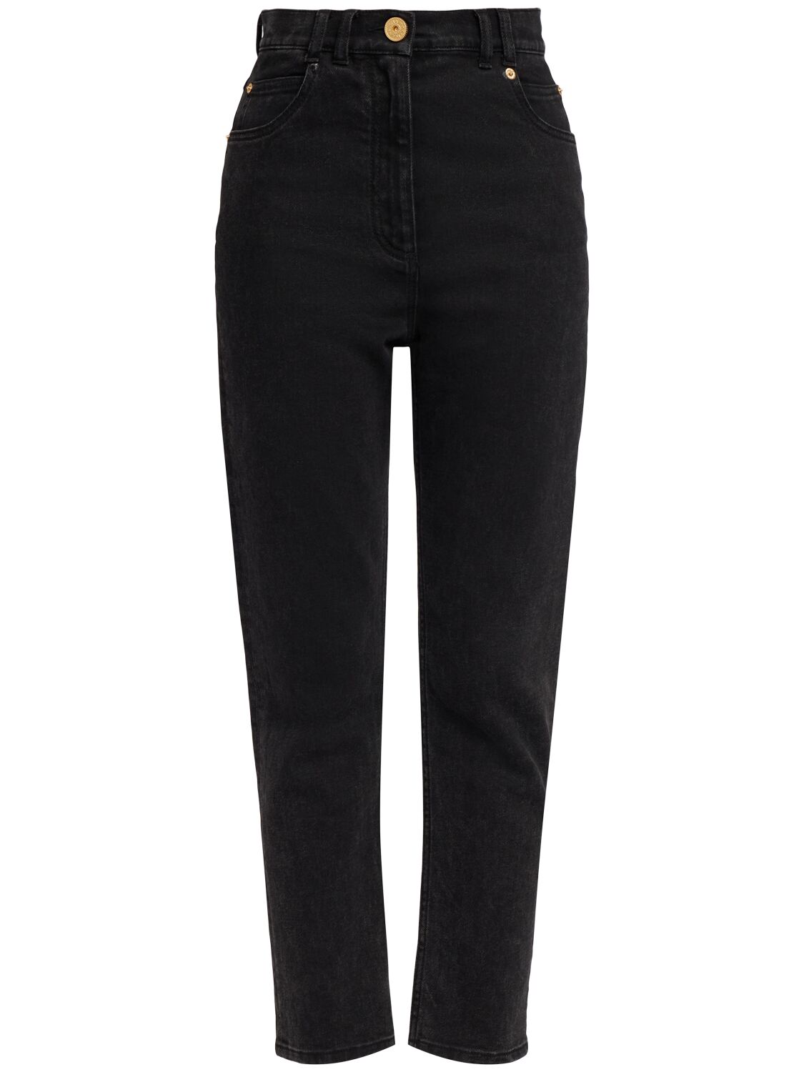 Balmain High Rise Stretch Cotton Straight Jeans In Washed Black