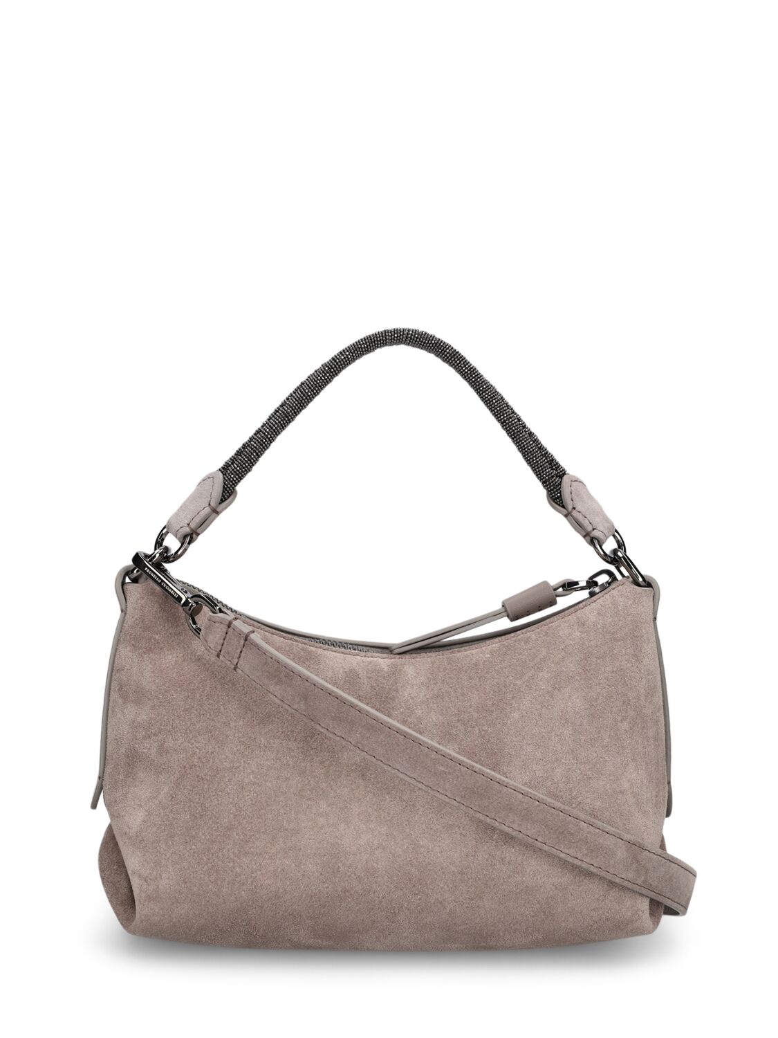 Shop Brunello Cucinelli Small Softy Velour Leather Shoulder Bag In Grey