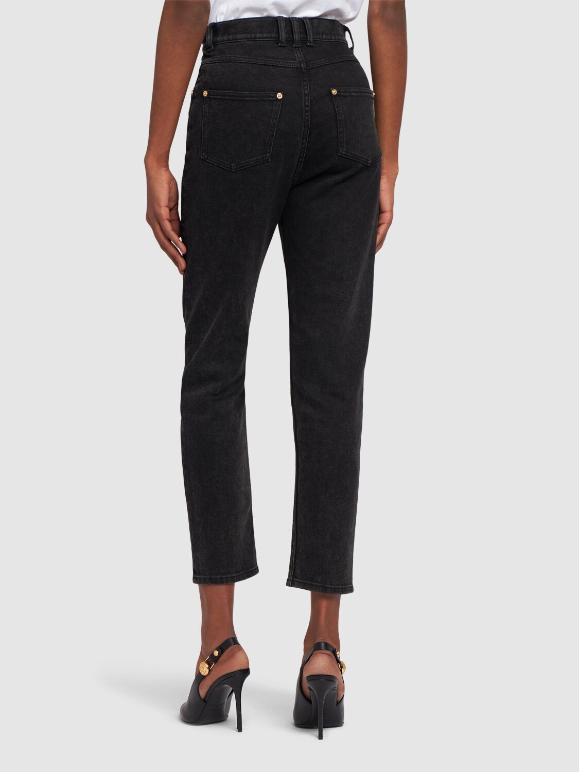 Shop Balmain High Rise Stretch Cotton Straight Jeans In Washed Black