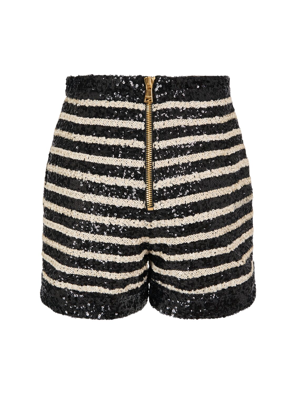 Shop Balmain Striped Sequined High Rise Mini Shorts In Black,white