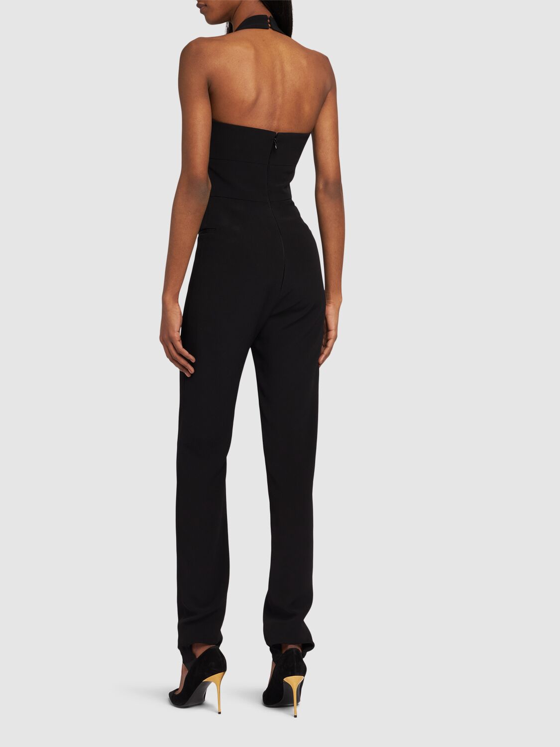 Shop Balmain V-neck Tailored Crepe Jumpsuit In Black