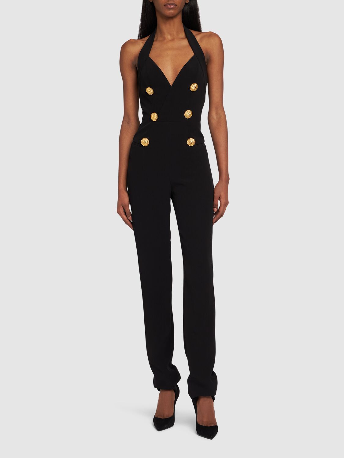 Shop Balmain V-neck Tailored Crepe Jumpsuit In Black