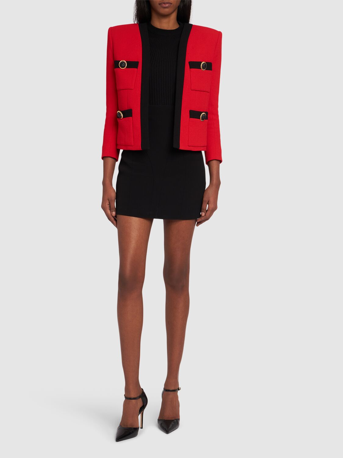 Shop Balmain Shawl Collar Double Wool Crepe Jacket In Red,black