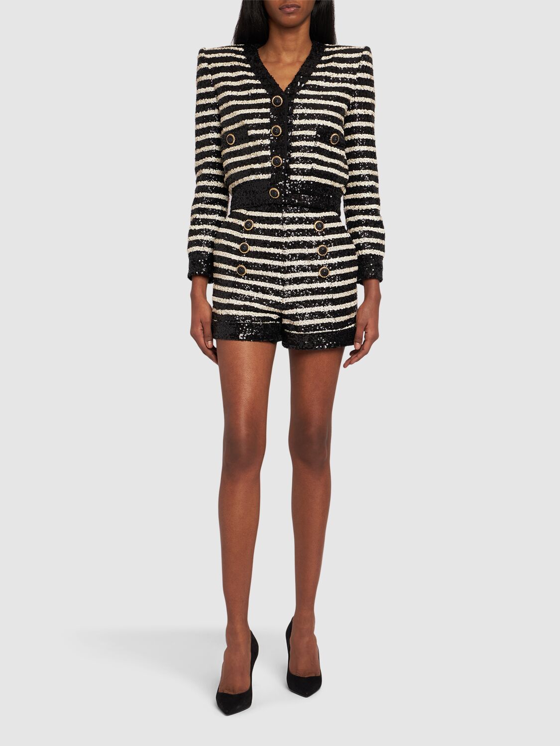 Shop Balmain Striped Sequined High Rise Mini Shorts In Black,white