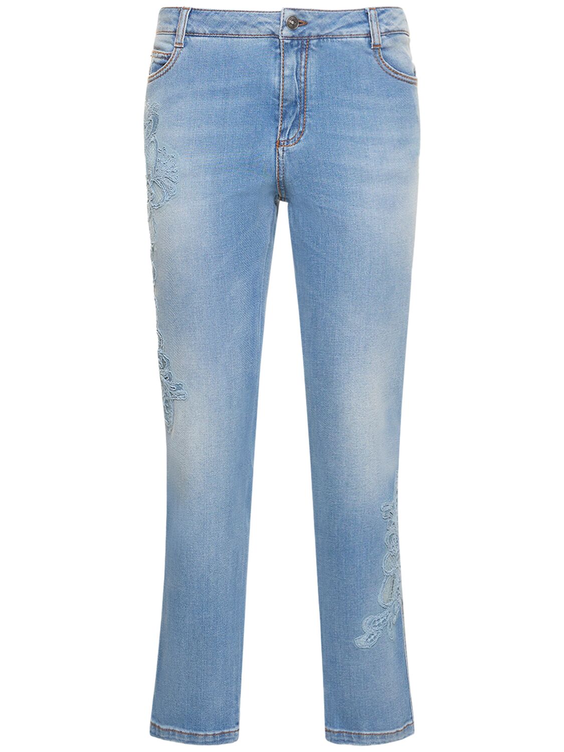 Image of Denim Mid Rise Skinny Jeans W/embroidery