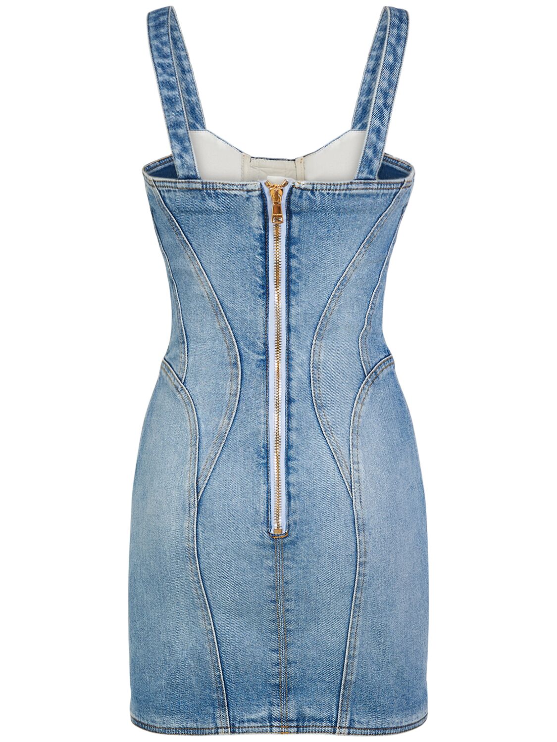 Shop Balmain Stretch Cotton Denim Mini Dress In Blue