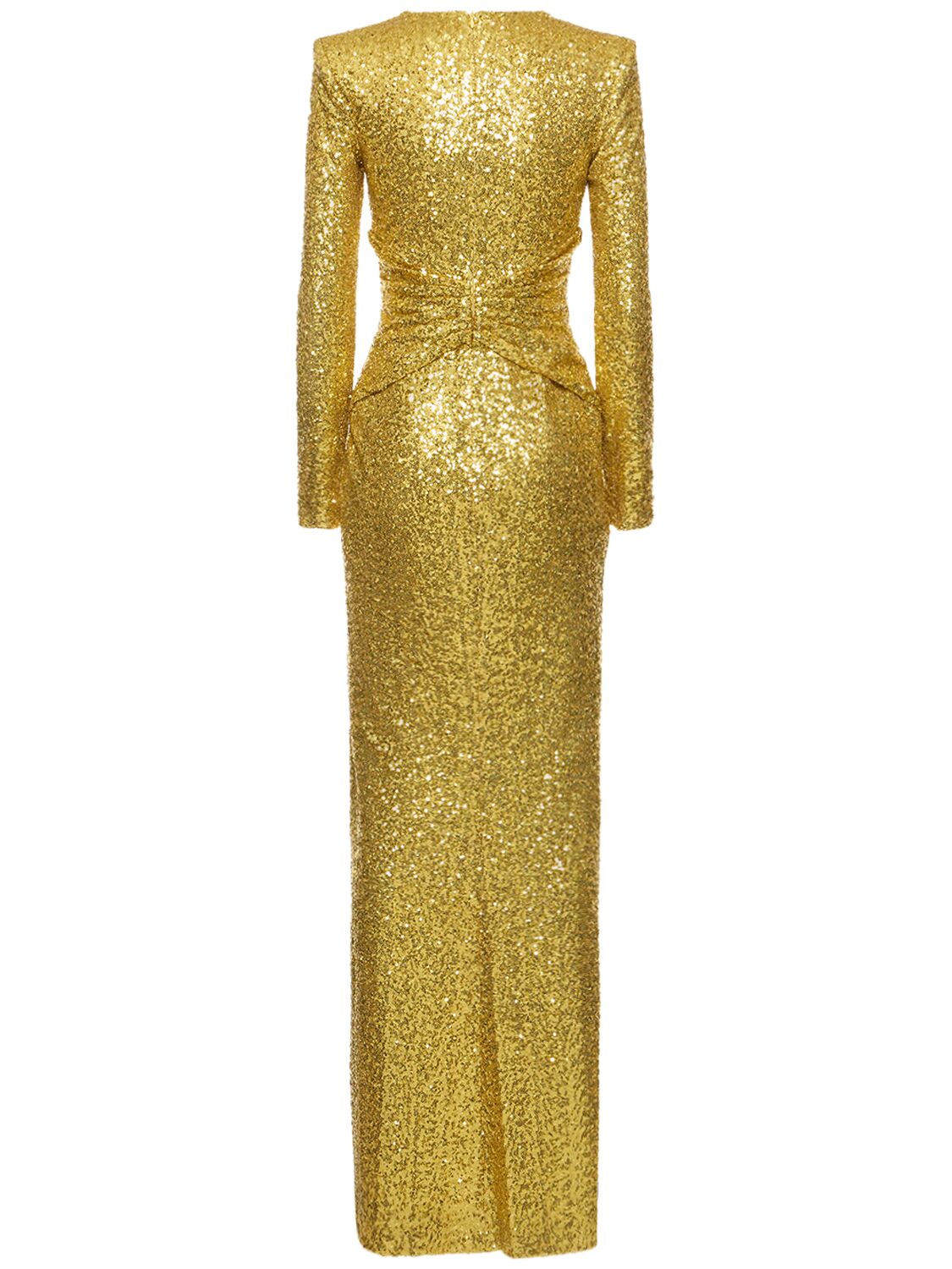 Shop Zuhair Murad Sequined Draped V-neck Long Dress In Gold