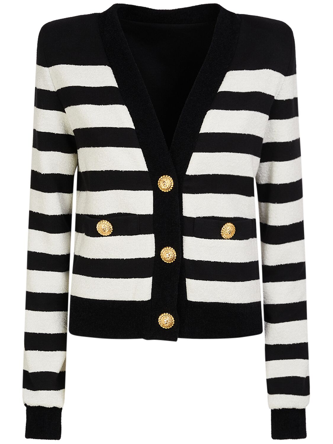Balmain Striped Cotton Blend Jersey Cardigan In Black,white