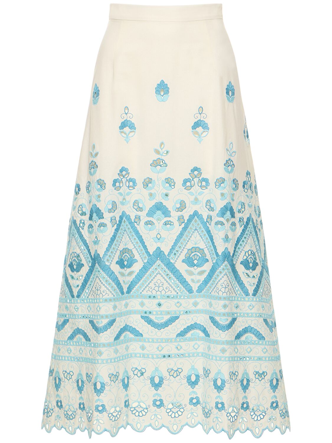 Shop Etro Broderie Anglaise High Rise Midi Skirt In White,light Blue