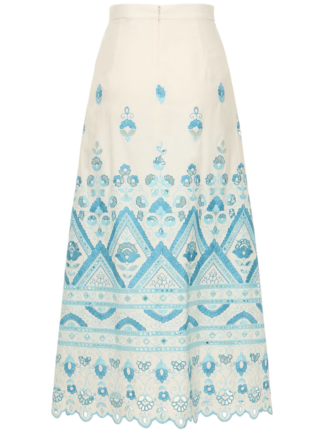 Shop Etro Broderie Anglaise High Rise Midi Skirt In White,light Blue
