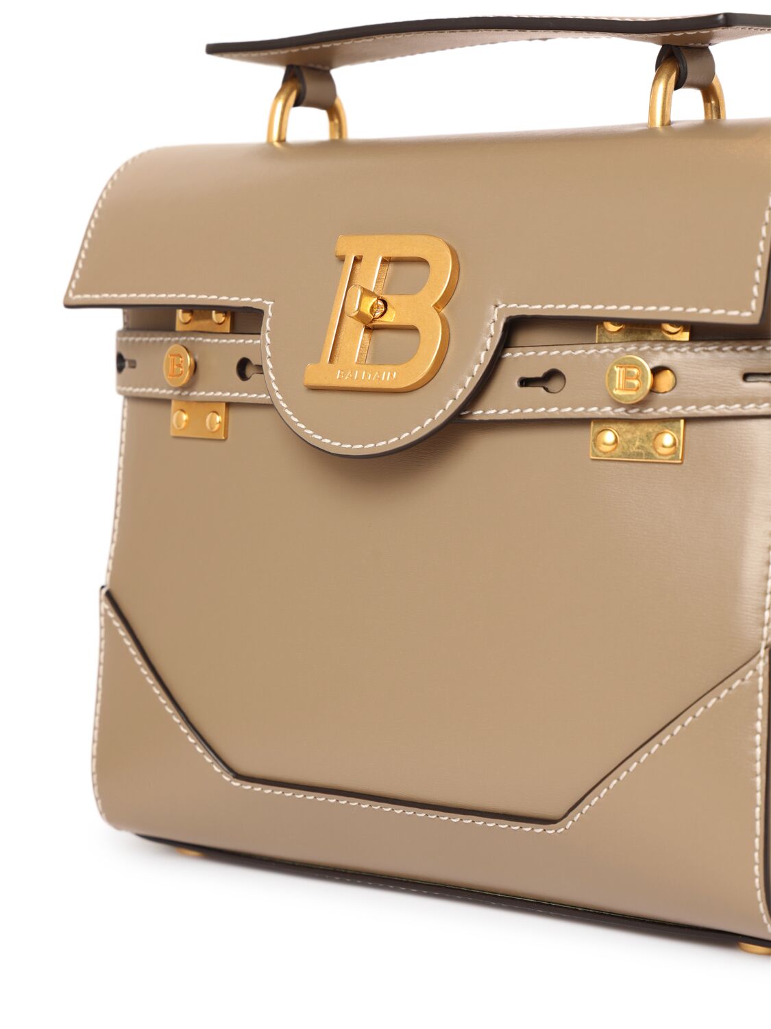 Shop Balmain Bbuzz 23 Smooth Leather Top Handle Bag In Taupe