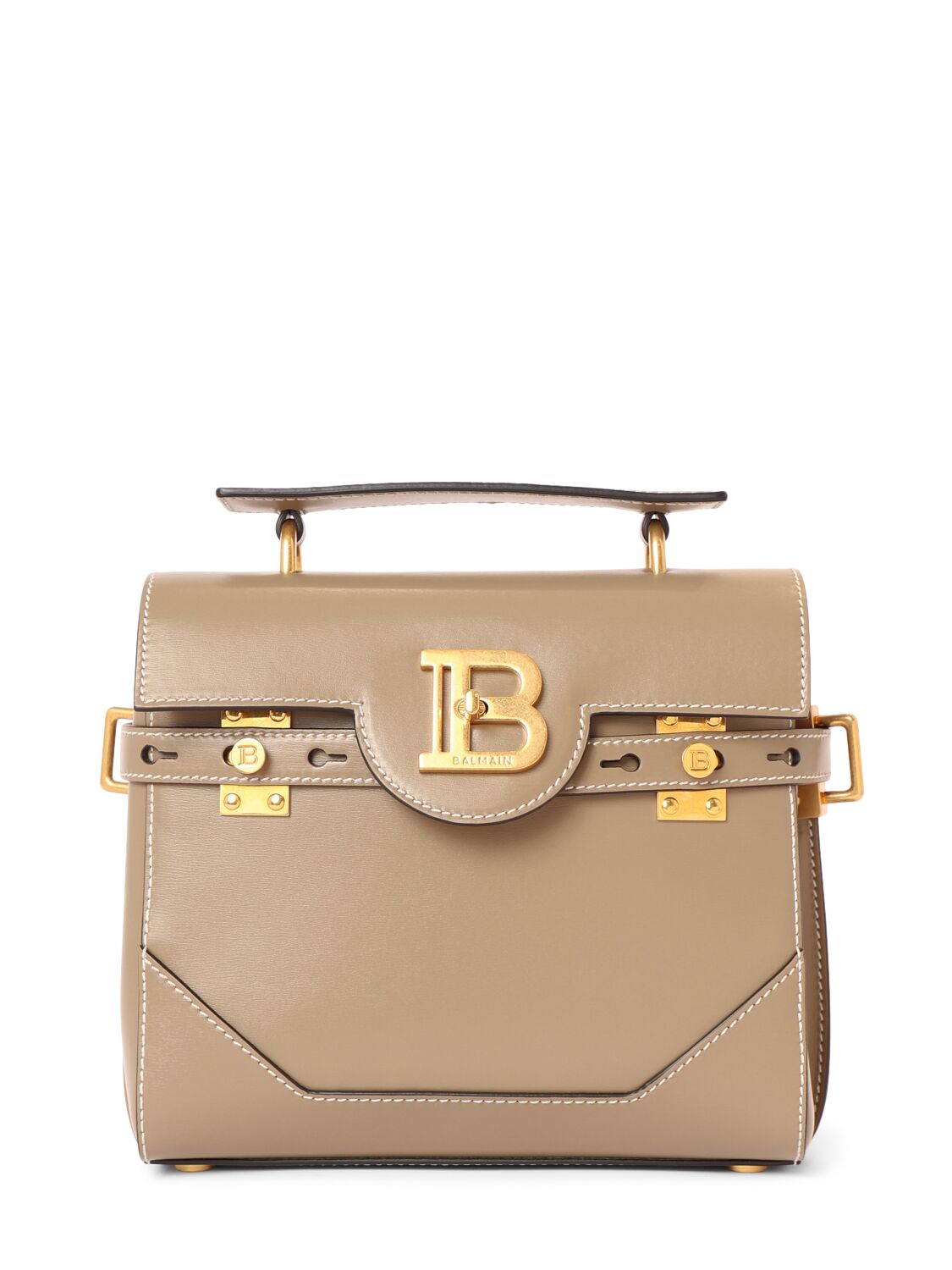 Shop Balmain Bbuzz 23 Smooth Leather Top Handle Bag In Taupe