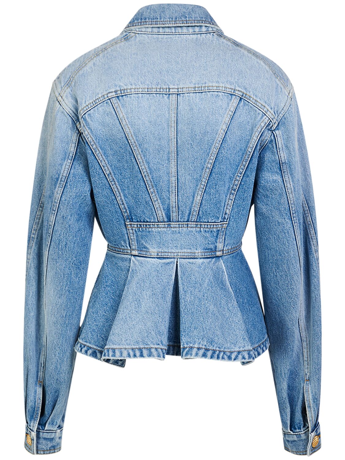 Shop Balmain Denim Ruffled Jacket In Blue