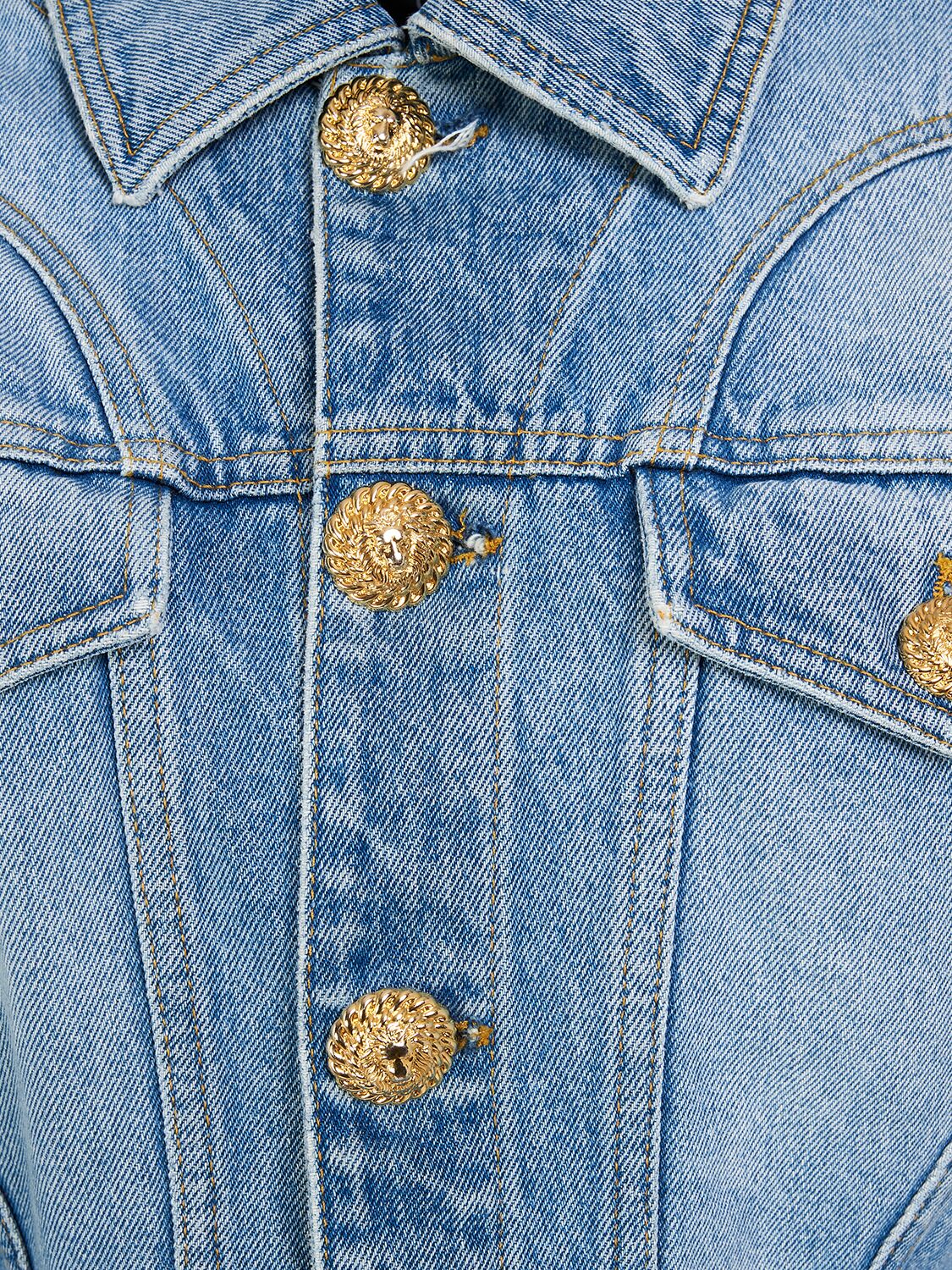 Shop Balmain Denim Ruffled Jacket In Blue