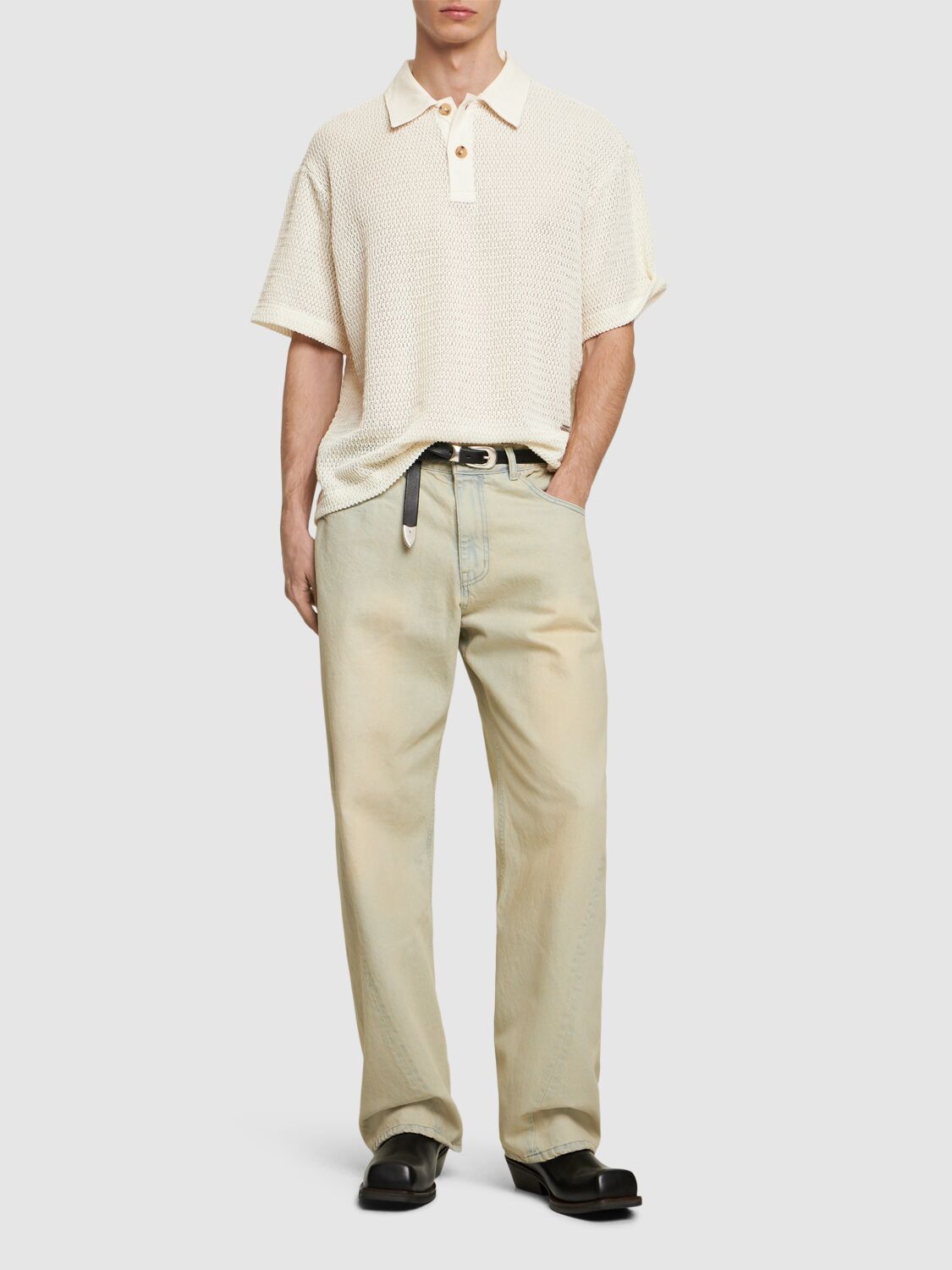 Shop After Pray Lope Knitted Panel Polo In Ivory