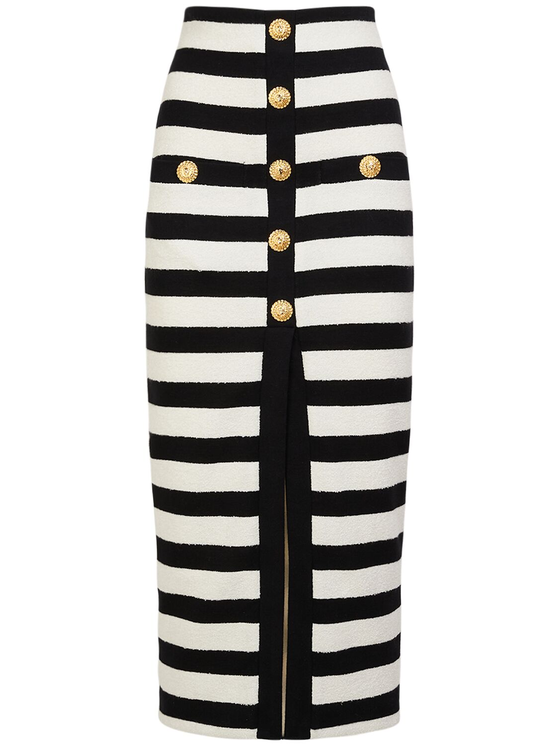 Balmain Striped Cotton Blend Jersey Long Skirt In Black,white