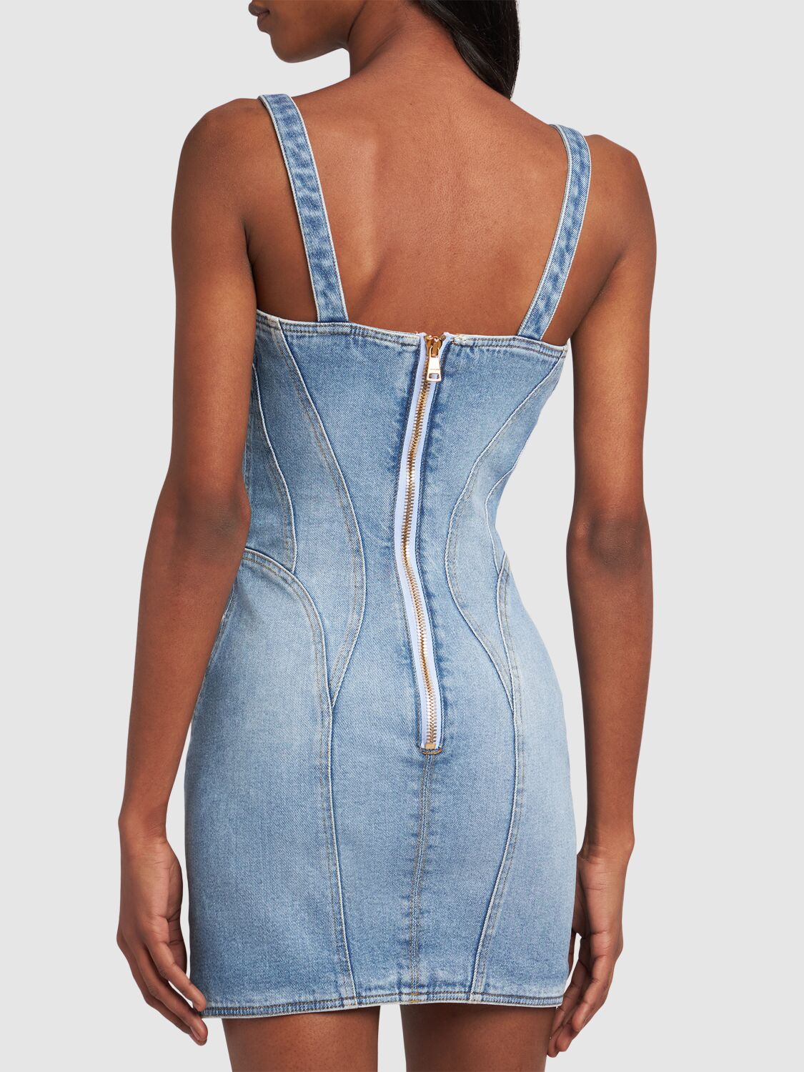 Shop Balmain Stretch Cotton Denim Mini Dress In Blue