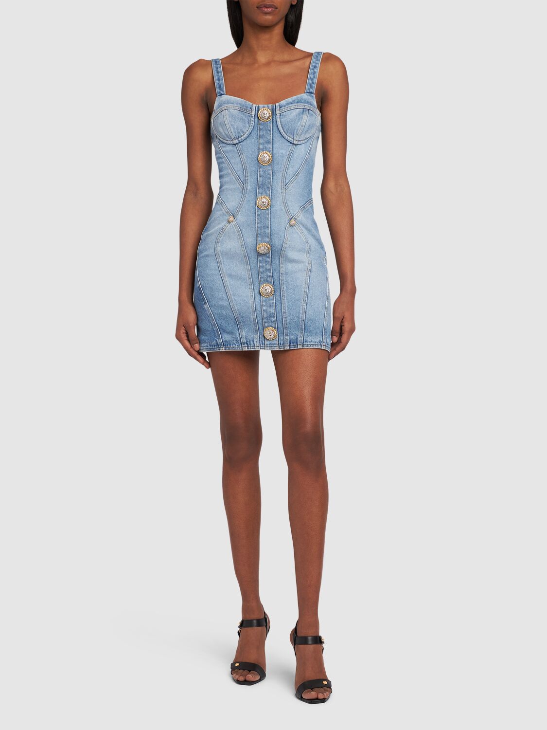 Shop Balmain Stretch Cotton Denim Mini Dress In Blue