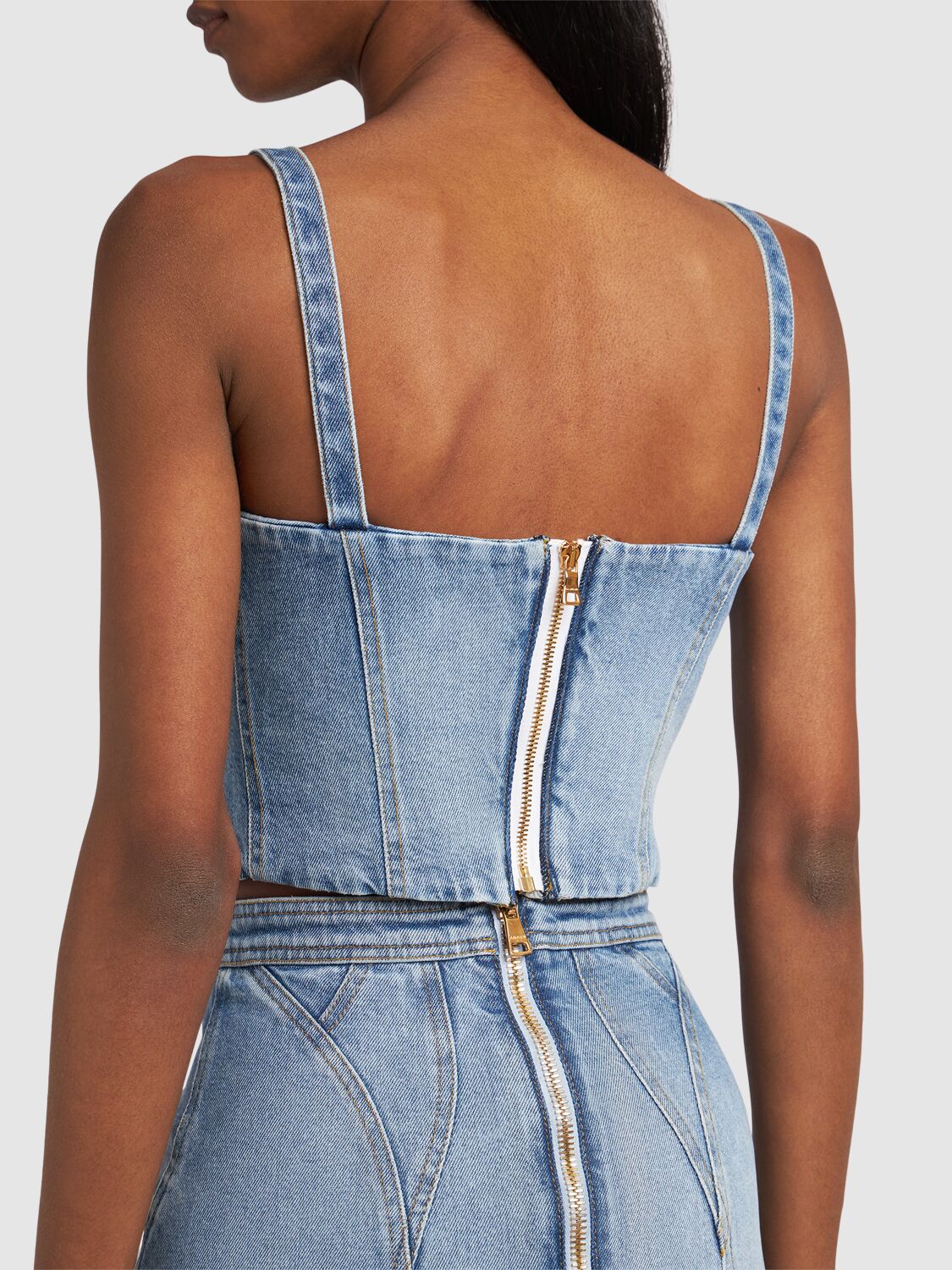 Shop Balmain Stretch Cotton Denim Corset Top In Light Blue