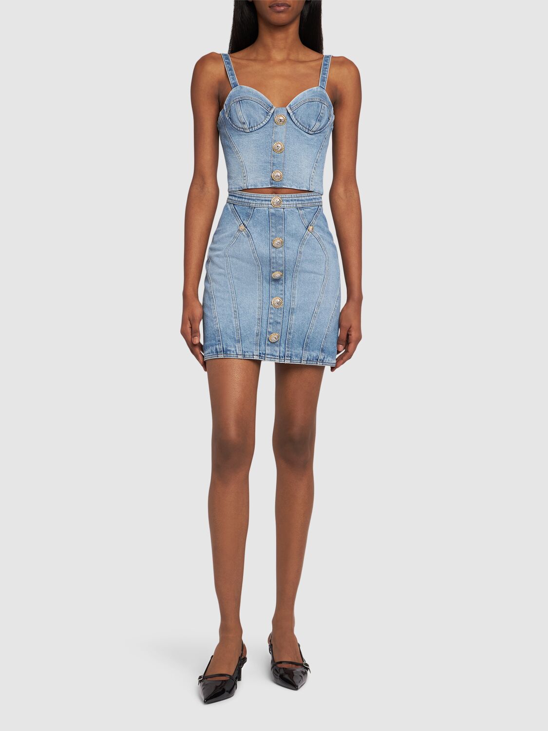 Shop Balmain Stretch Cotton Denim Corset Top In Light Blue