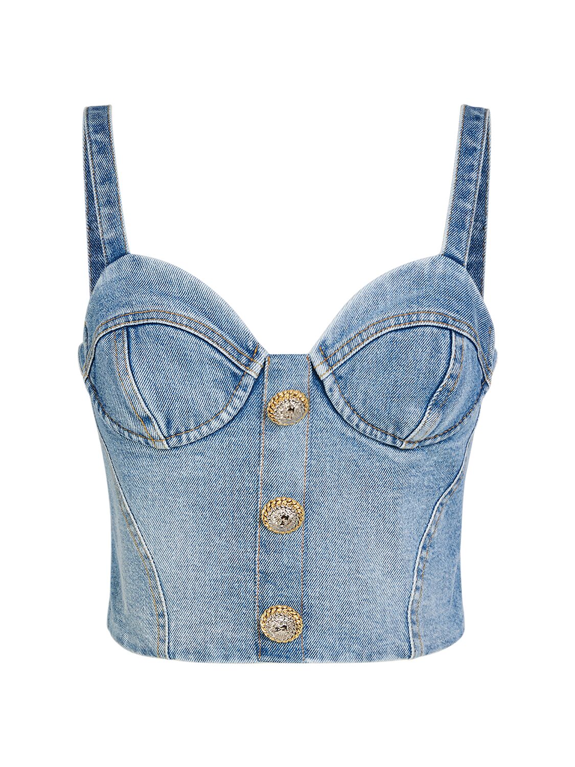 Shop Balmain Stretch Cotton Denim Corset Top In Light Blue