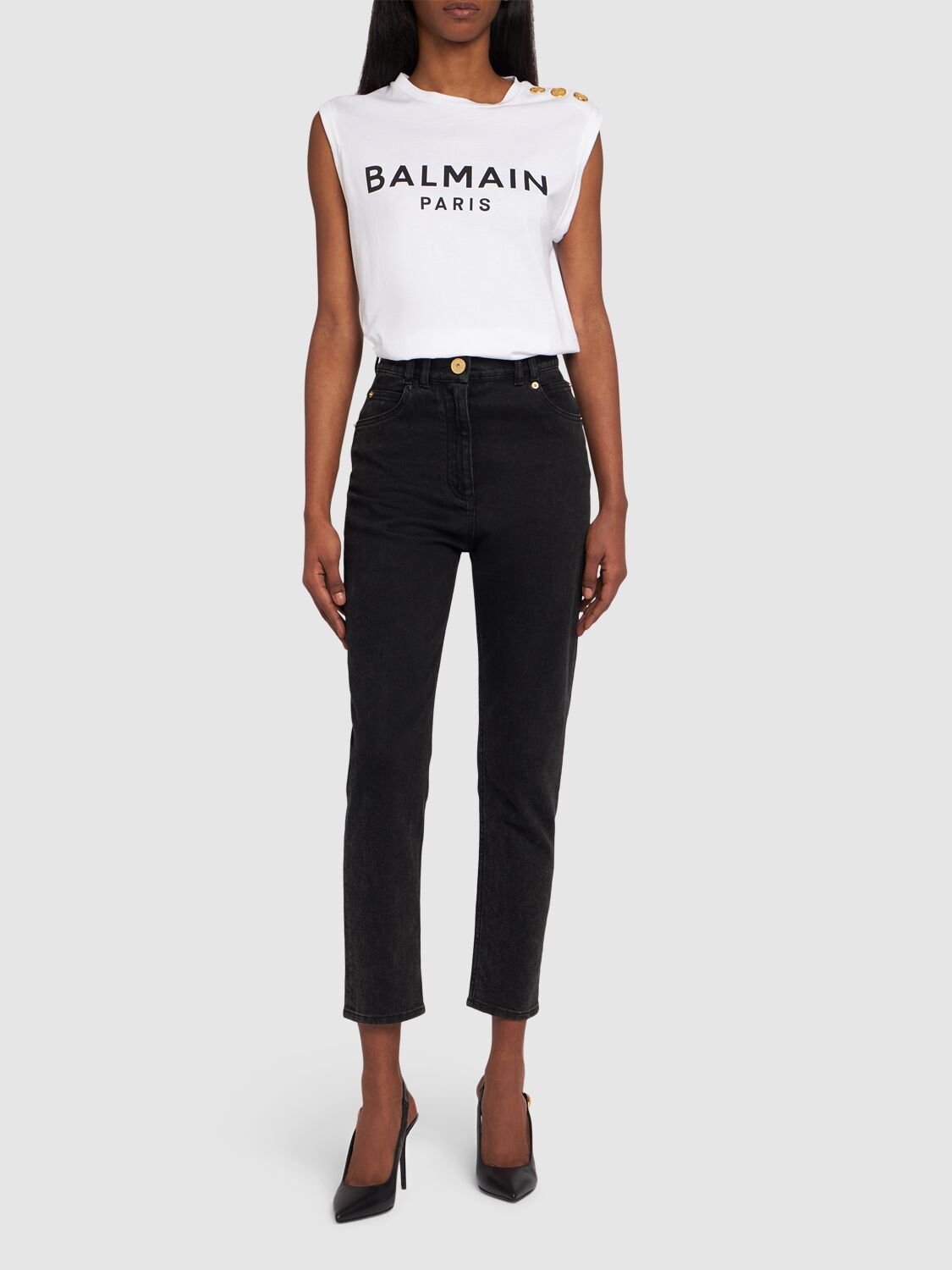 Shop Balmain Logo Print Cotton T-shirt W/buttons In White,black