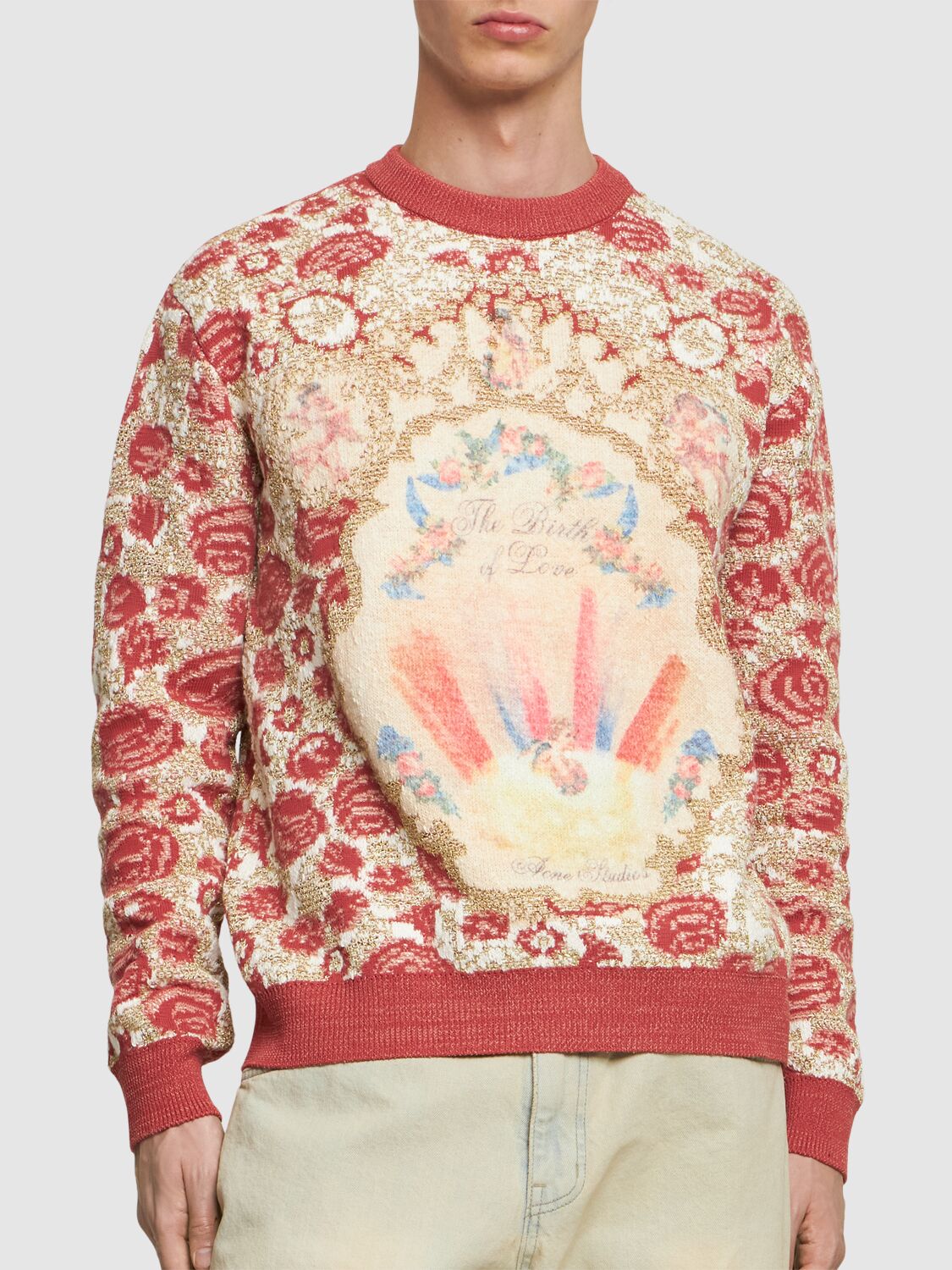 Shop Acne Studios Klace Cotton Blend Crewneck Sweater In Pink,gold