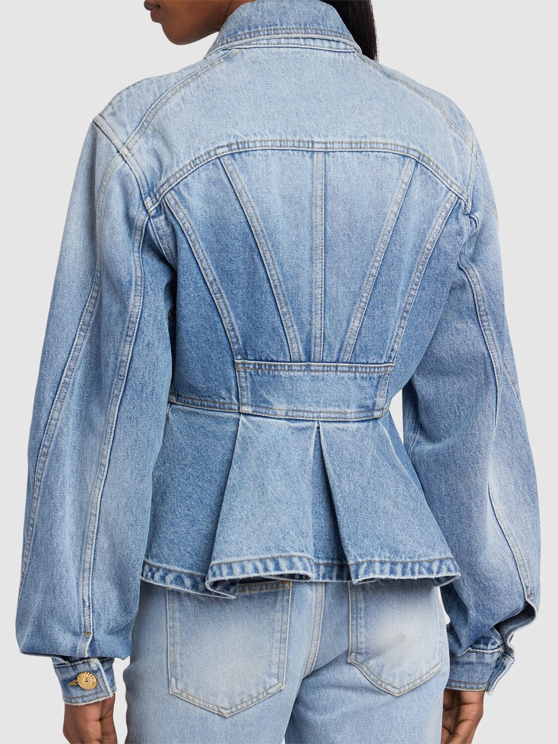 Shop Balmain Denim Ruffled Jacket In Blue